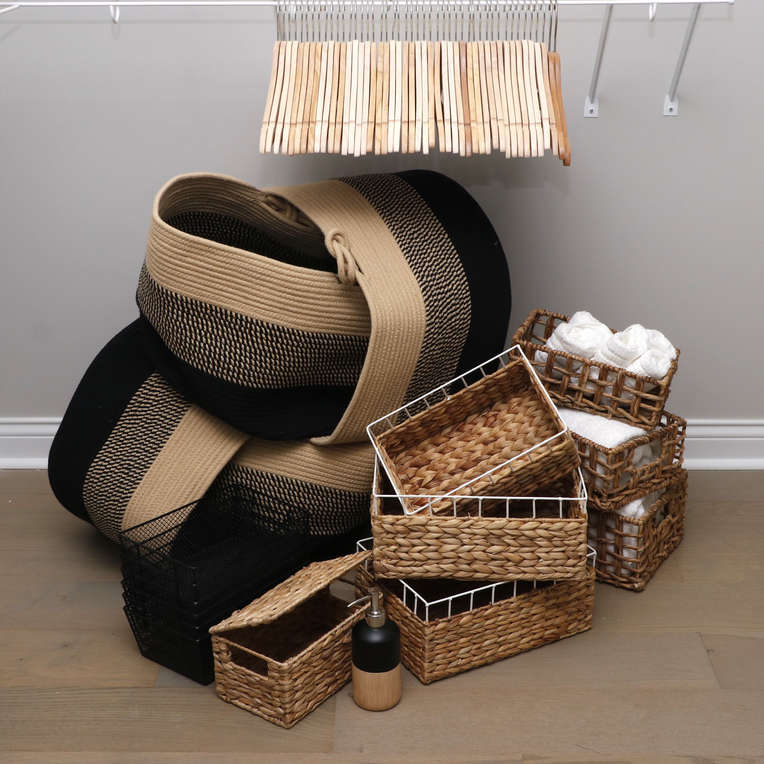 Hyacinth, Cotton Rope, and Wicker Storage Baskets, Hangers and Towels