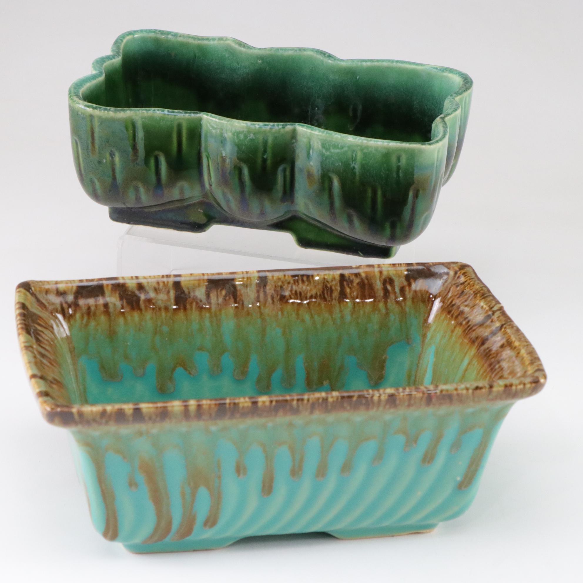 R.R.P. Roseville Aqua Drip Glaze Planter With Upco USA Green Iridescent Planter
