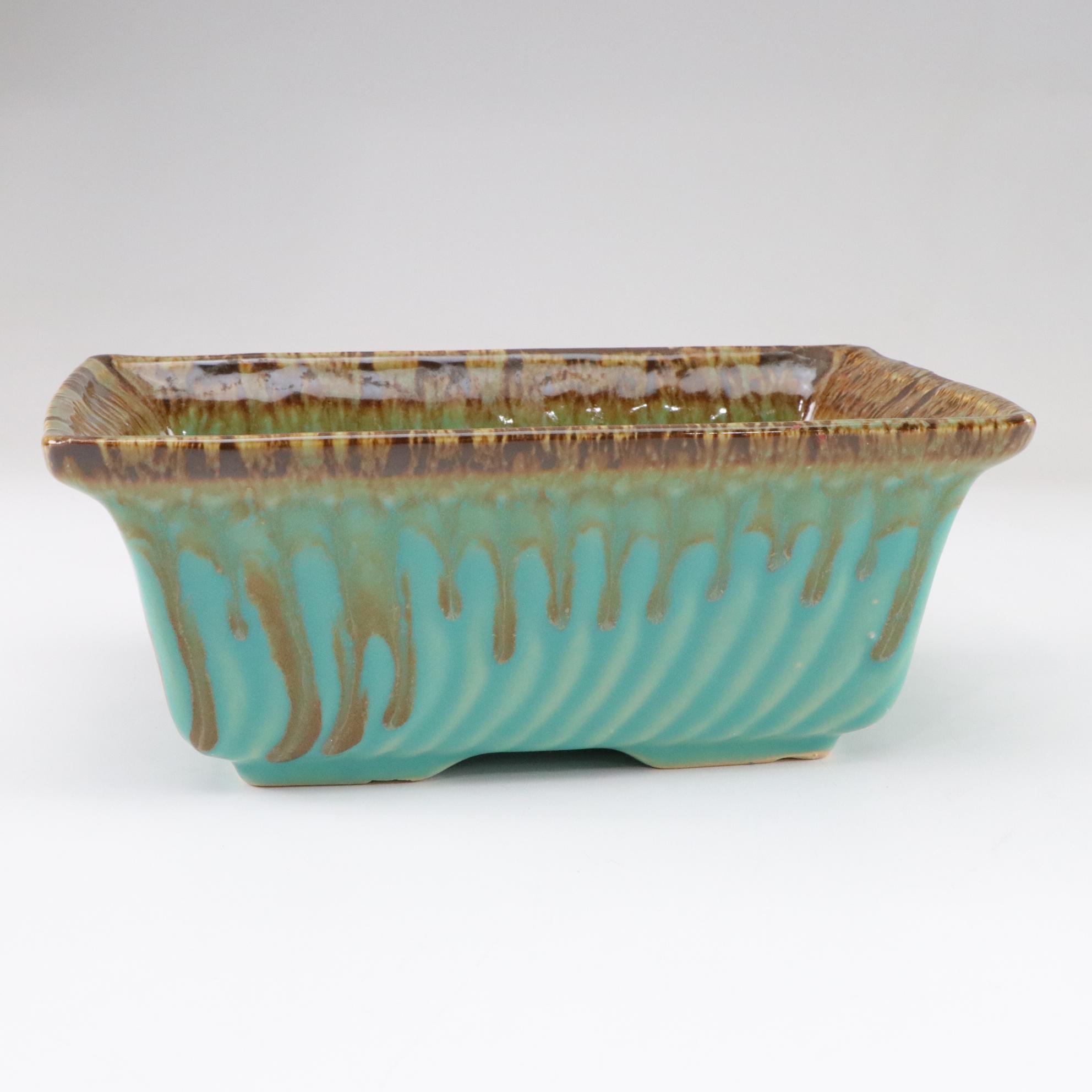 R.R.P. Roseville Aqua Drip Glaze Planter With Upco USA Green Iridescent Planter