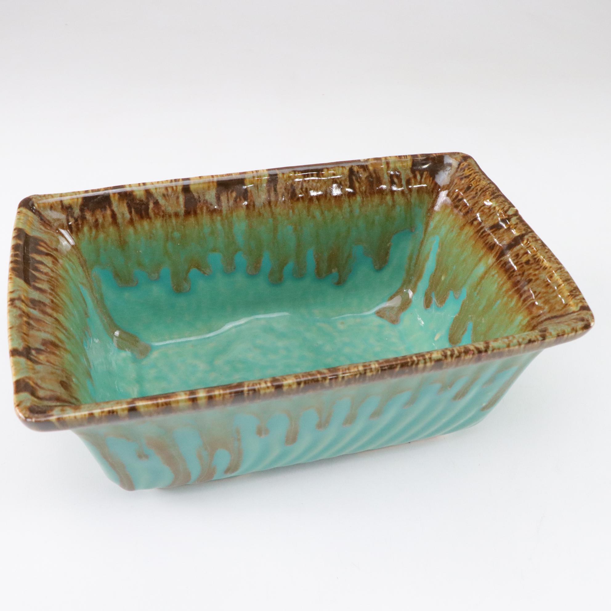 R.R.P. Roseville Aqua Drip Glaze Planter With Upco USA Green Iridescent Planter