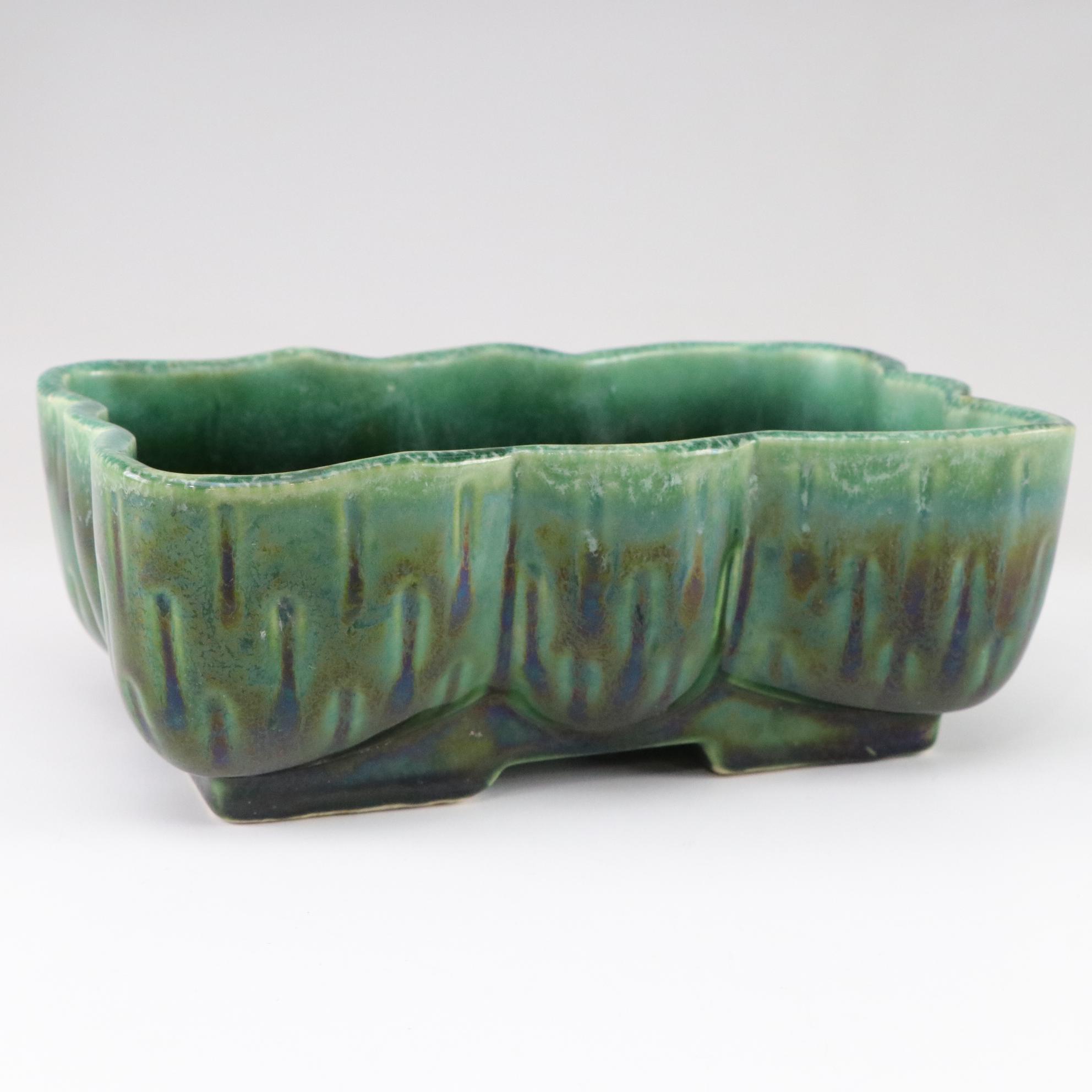 R.R.P. Roseville Aqua Drip Glaze Planter With Upco USA Green Iridescent Planter