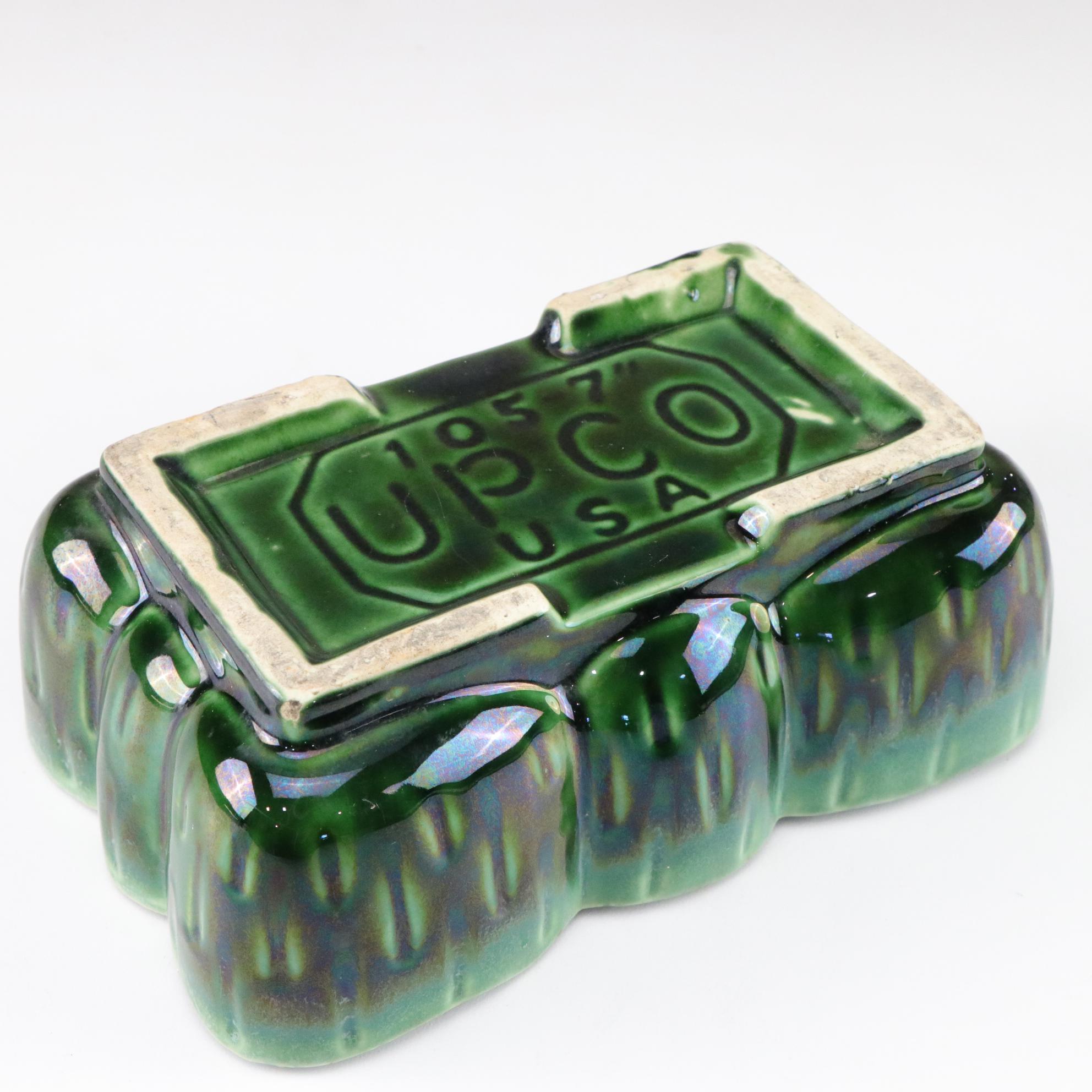 R.R.P. Roseville Aqua Drip Glaze Planter With Upco USA Green Iridescent Planter