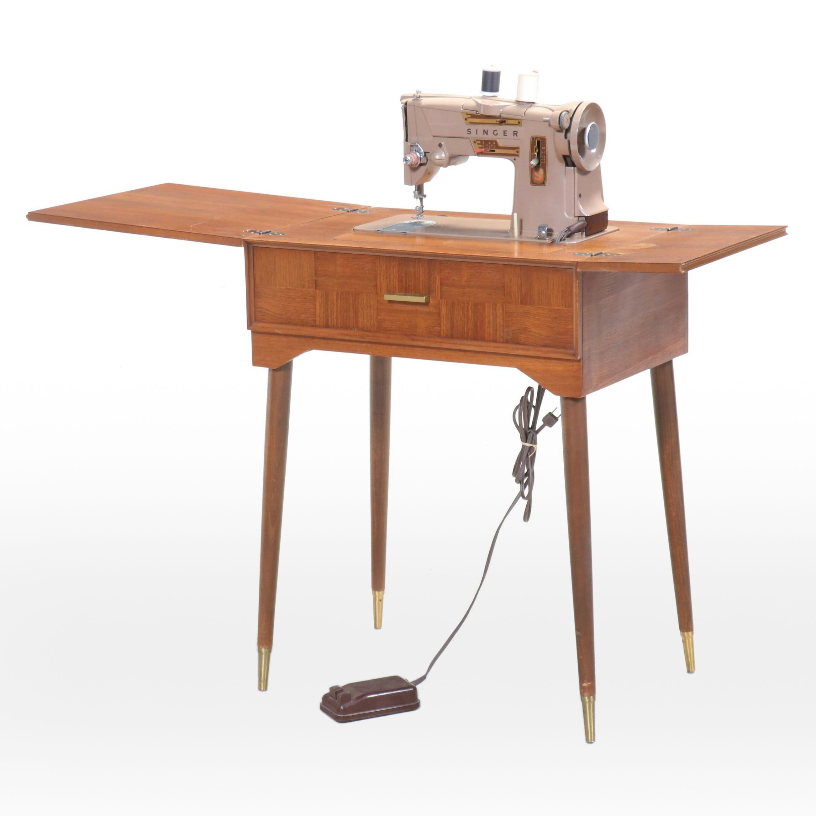 Singer 328 Machine and Mid Century Modern Teak Finish Sewing Cabinet