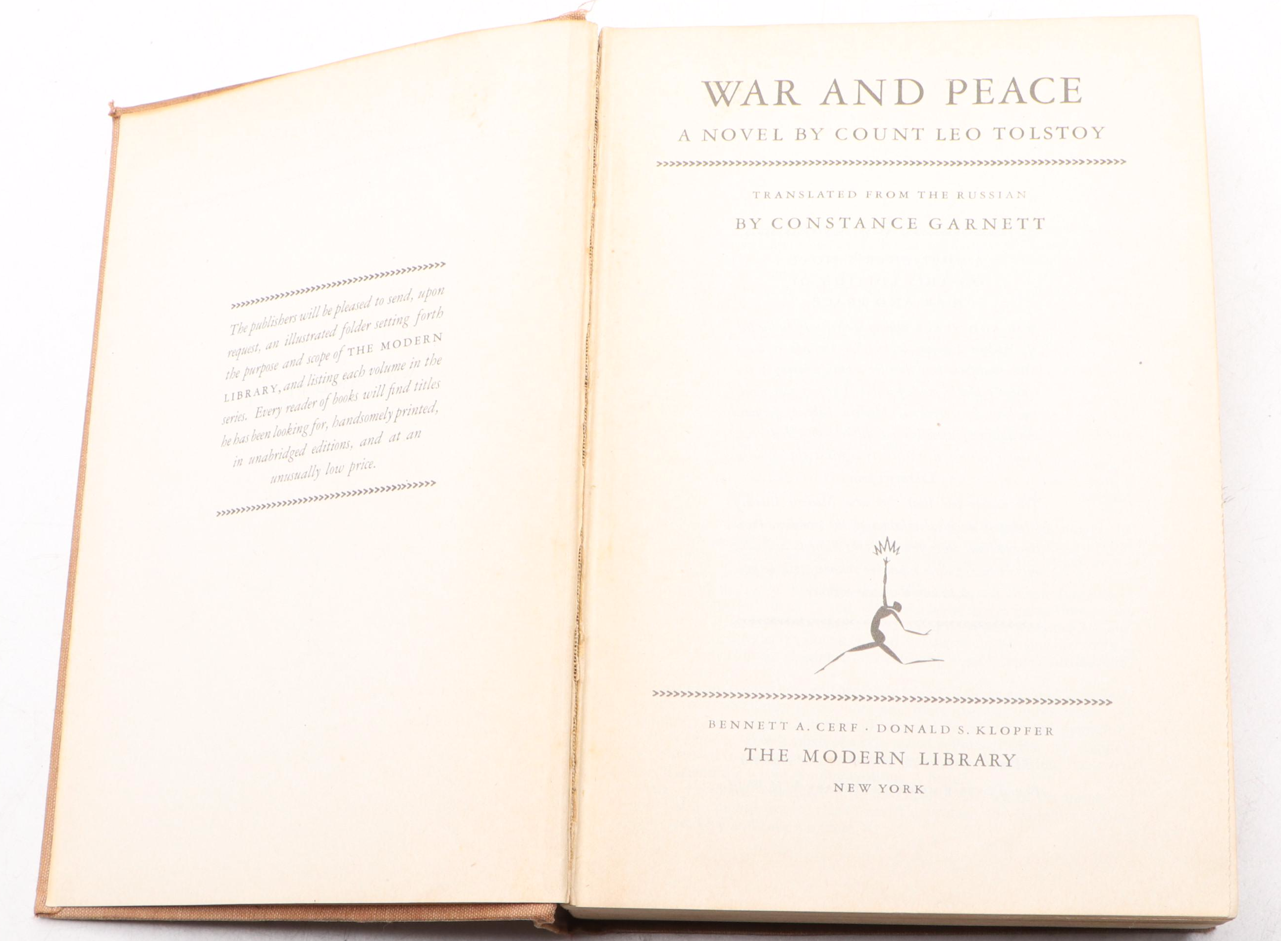 First Modern Library Edition "War and Peace" by Leo Tolstoy, 1931