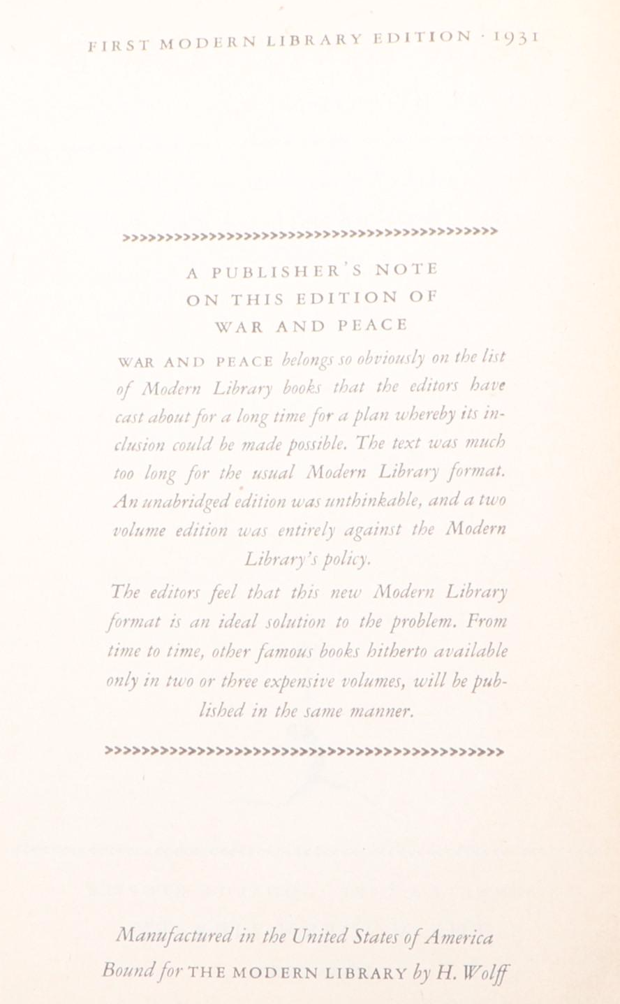 First Modern Library Edition "War and Peace" by Leo Tolstoy, 1931