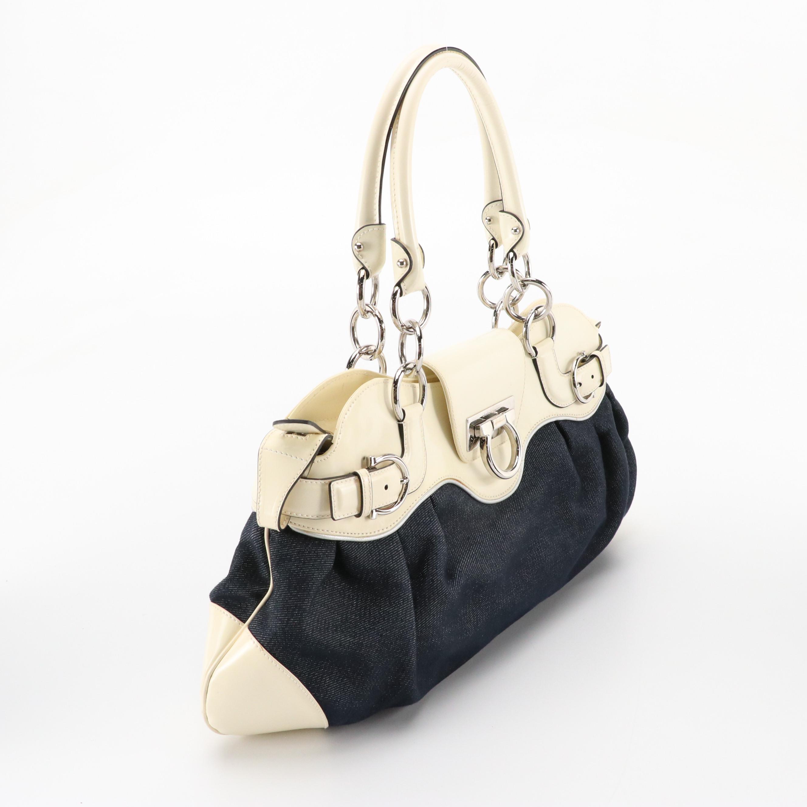 Salvatore Ferragamo Marisa Gancini Shoulder Bag in Denim & White Patent Leather