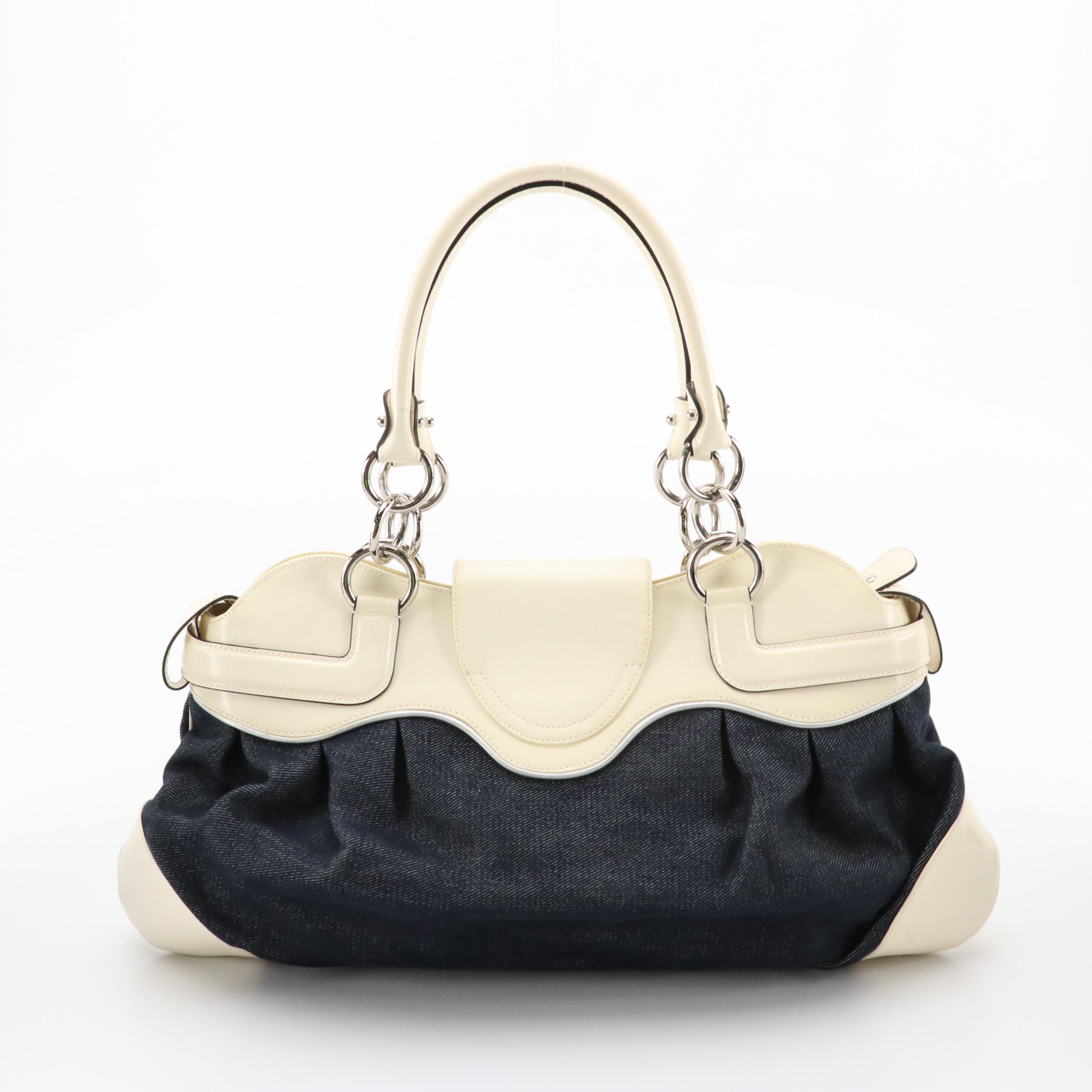 Salvatore Ferragamo Marisa Gancini Shoulder Bag in Denim & White Patent Leather