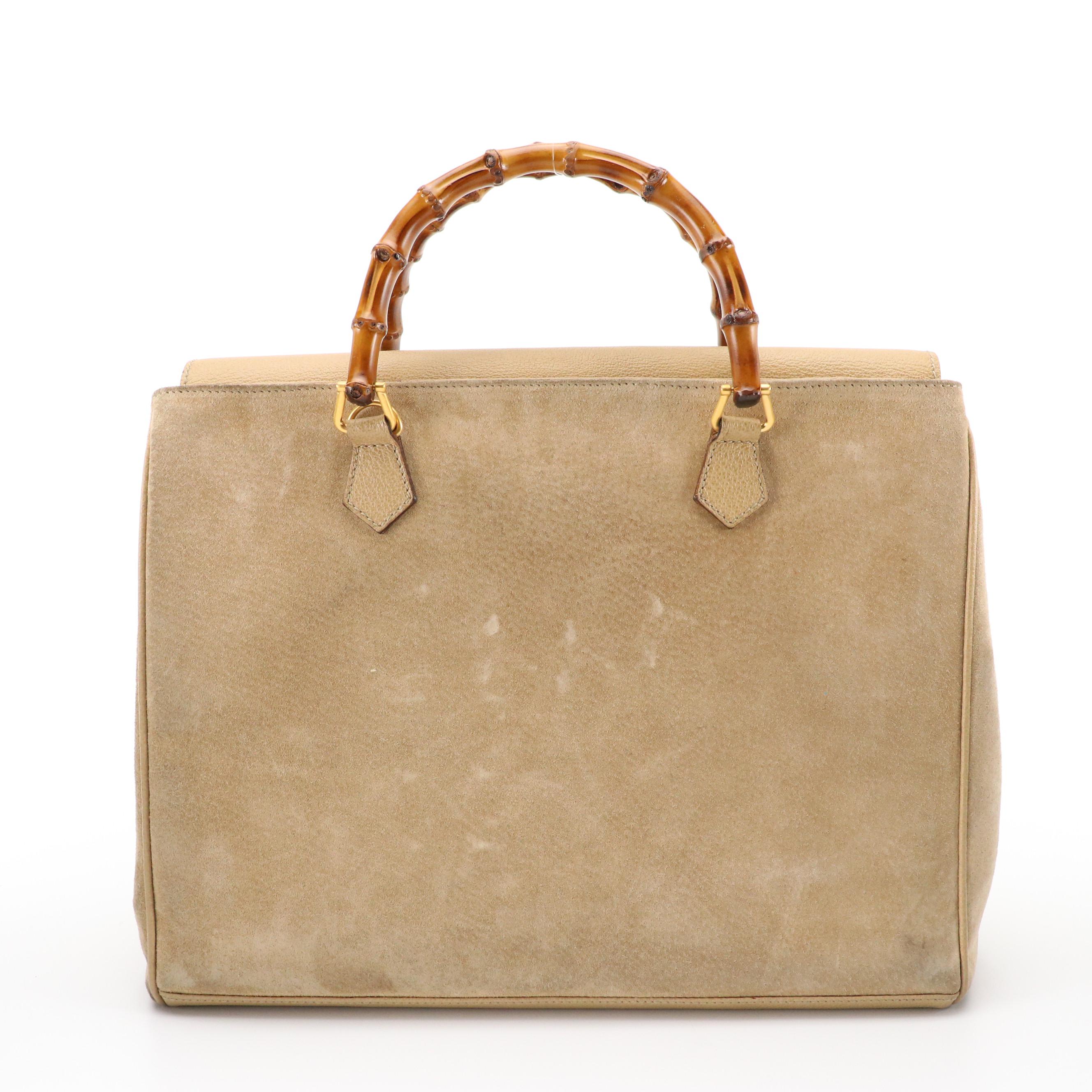Gucci Diana Double Pocket Bamboo Handle Handbag in Light Tan Suede & Leather