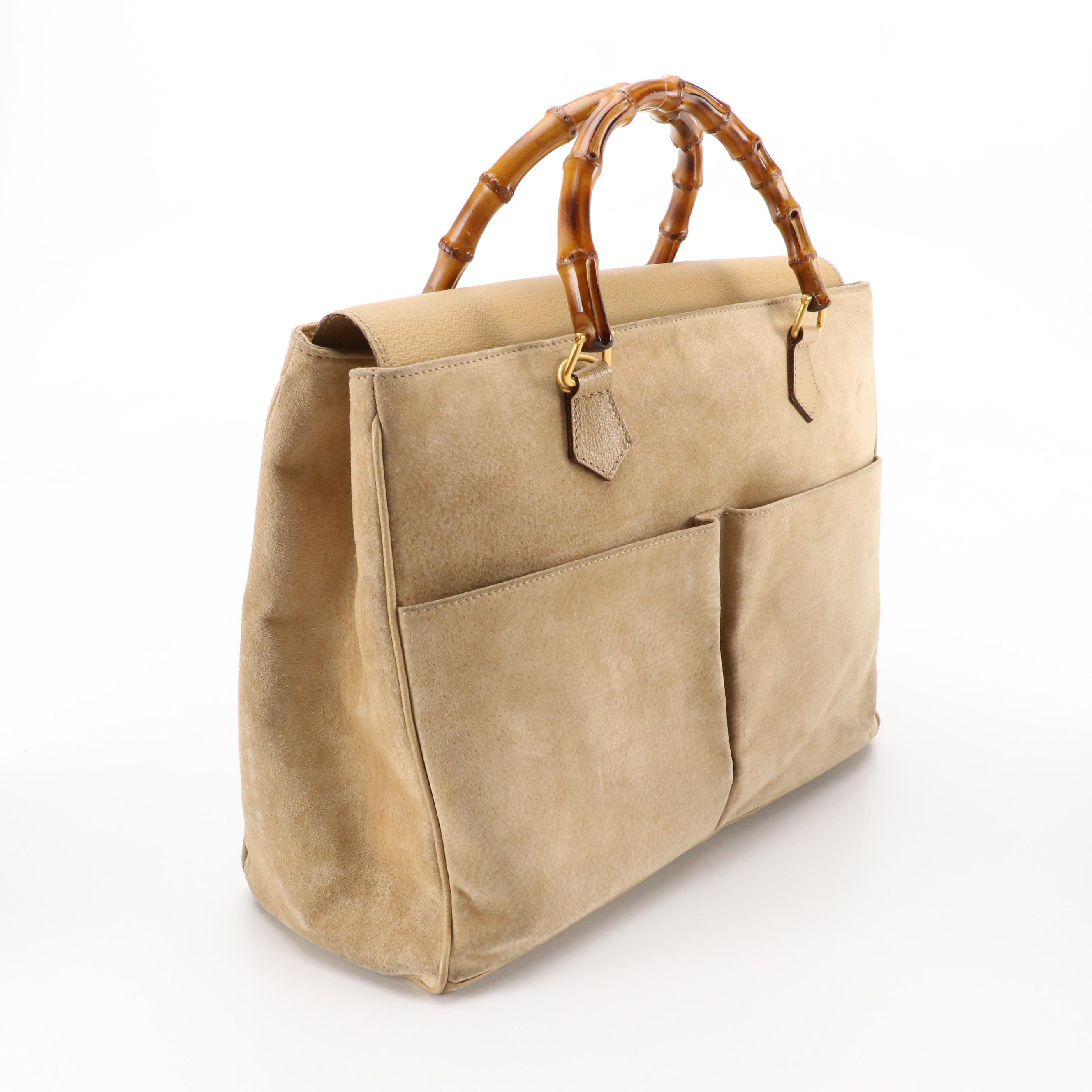 Gucci Diana Double Pocket Bamboo Handle Handbag in Light Tan Suede & Leather