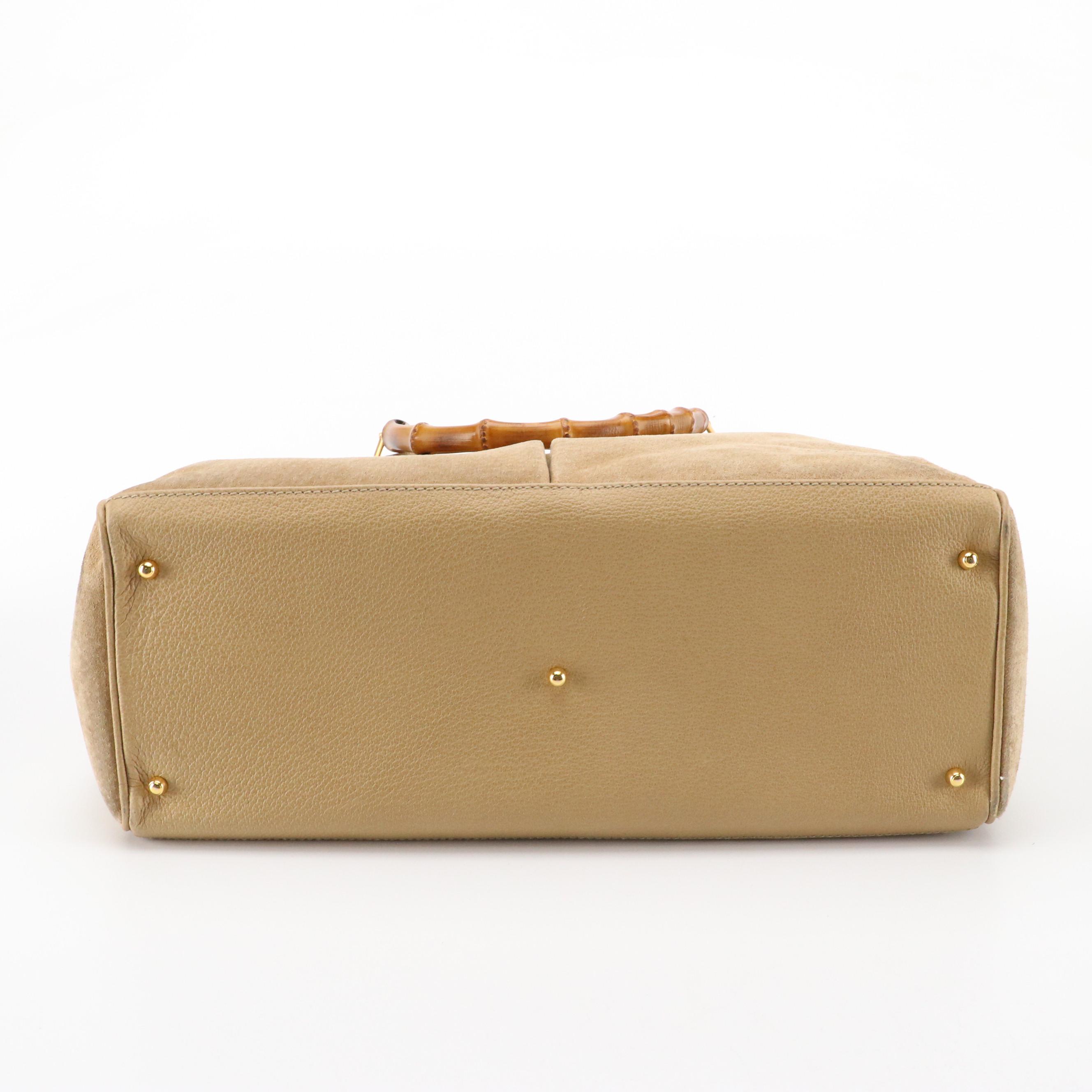 Gucci Diana Double Pocket Bamboo Handle Handbag in Light Tan Suede & Leather