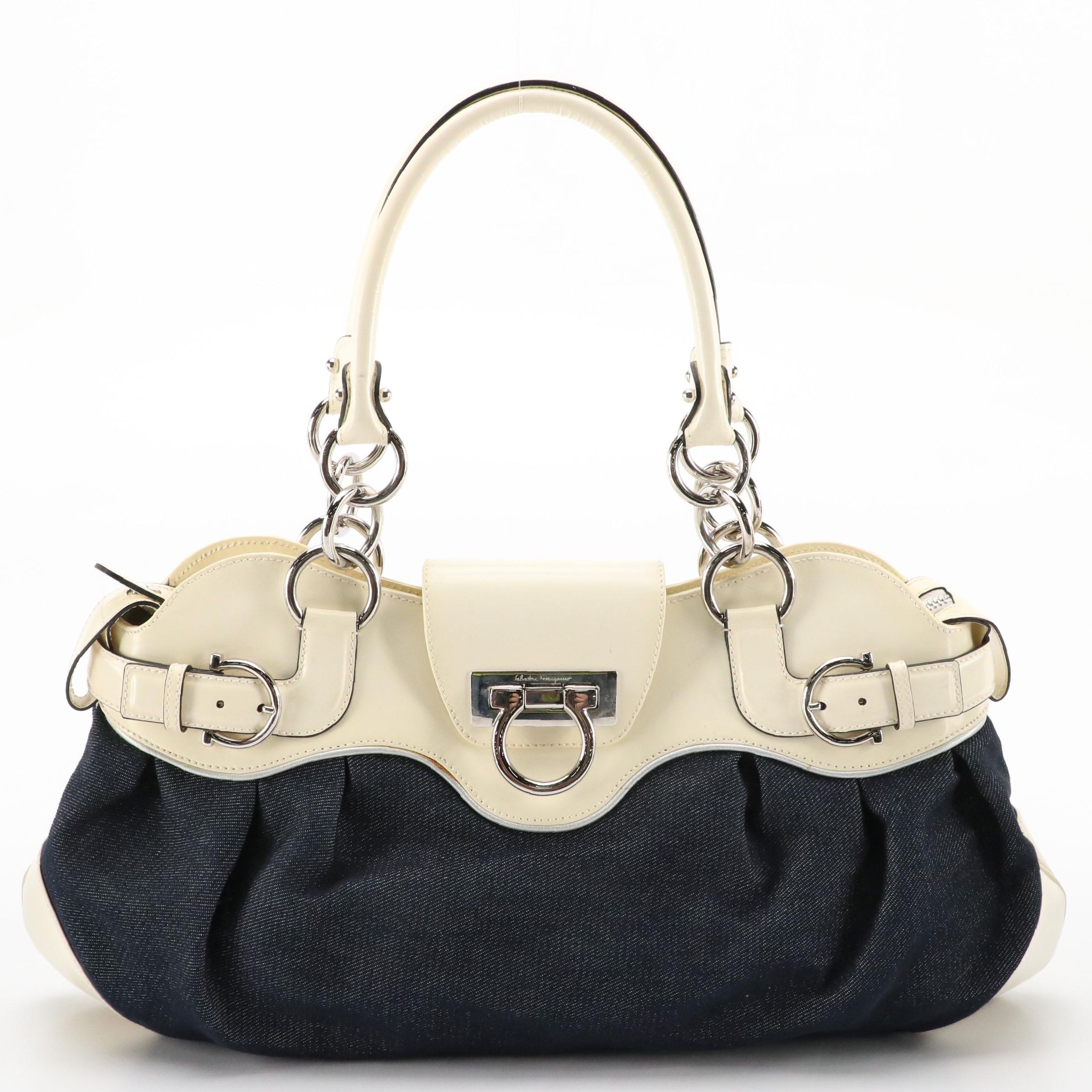 Salvatore Ferragamo Marisa Gancini Shoulder Bag in Denim & White Patent Leather