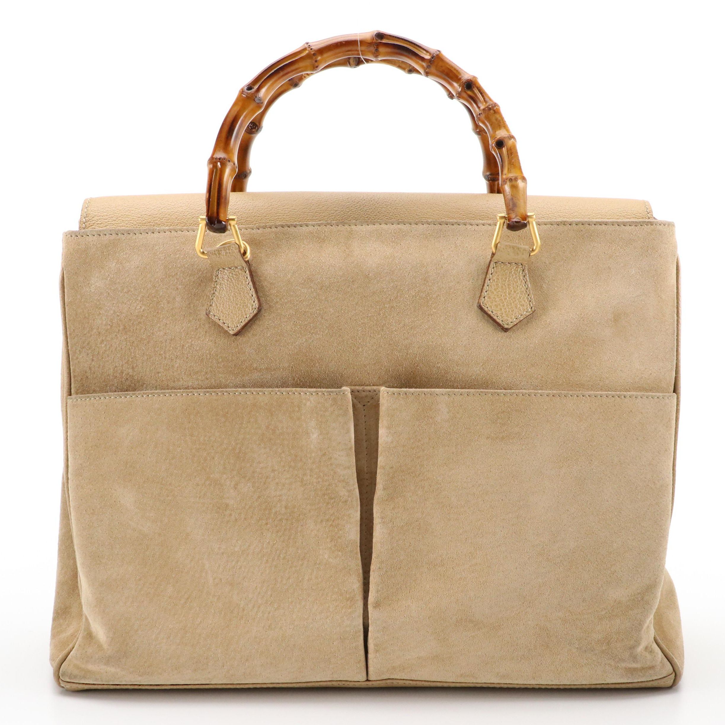 Gucci Diana Double Pocket Bamboo Handle Handbag in Light Tan Suede & Leather