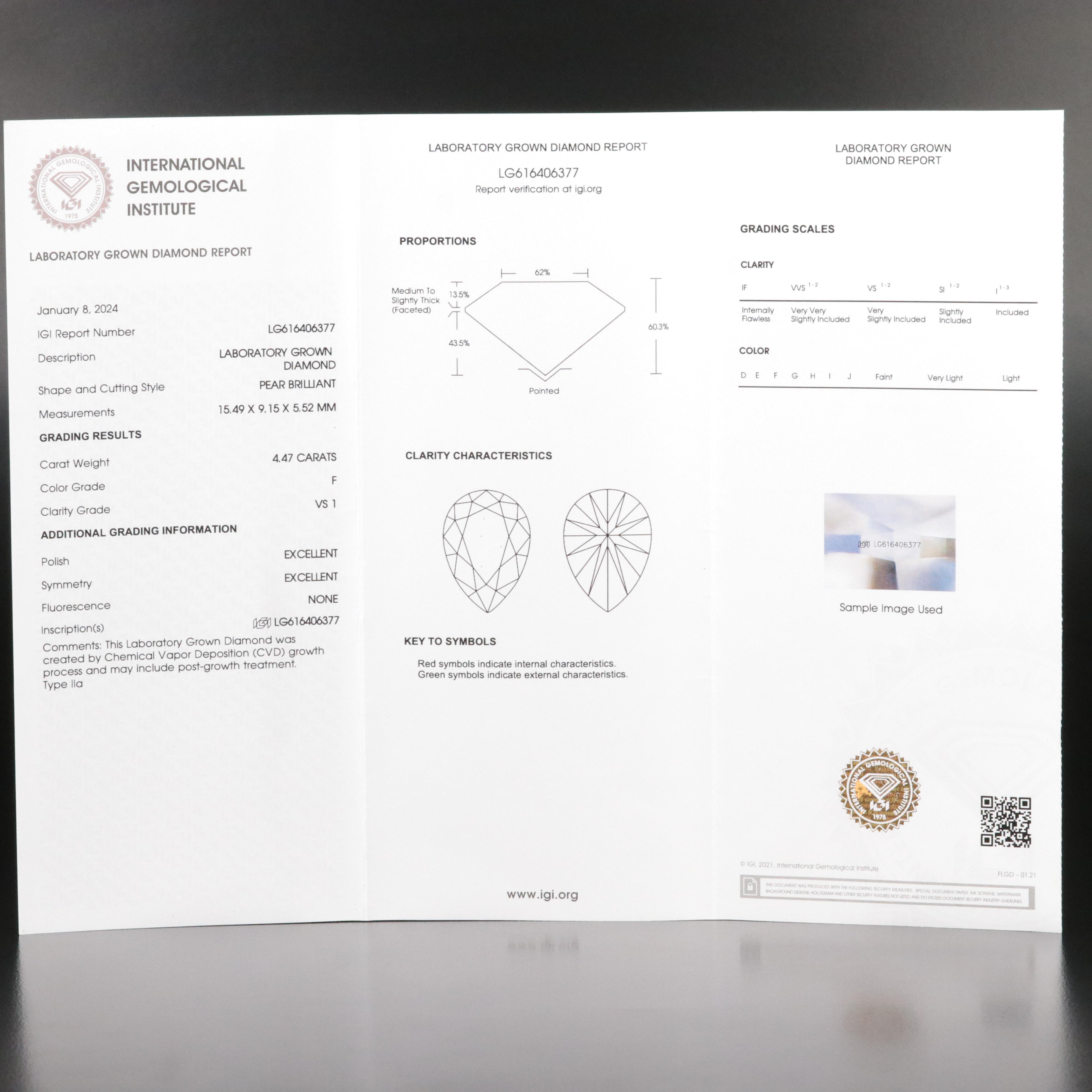 Loose 4.47 CT Lab Grown Diamond with IGI Report