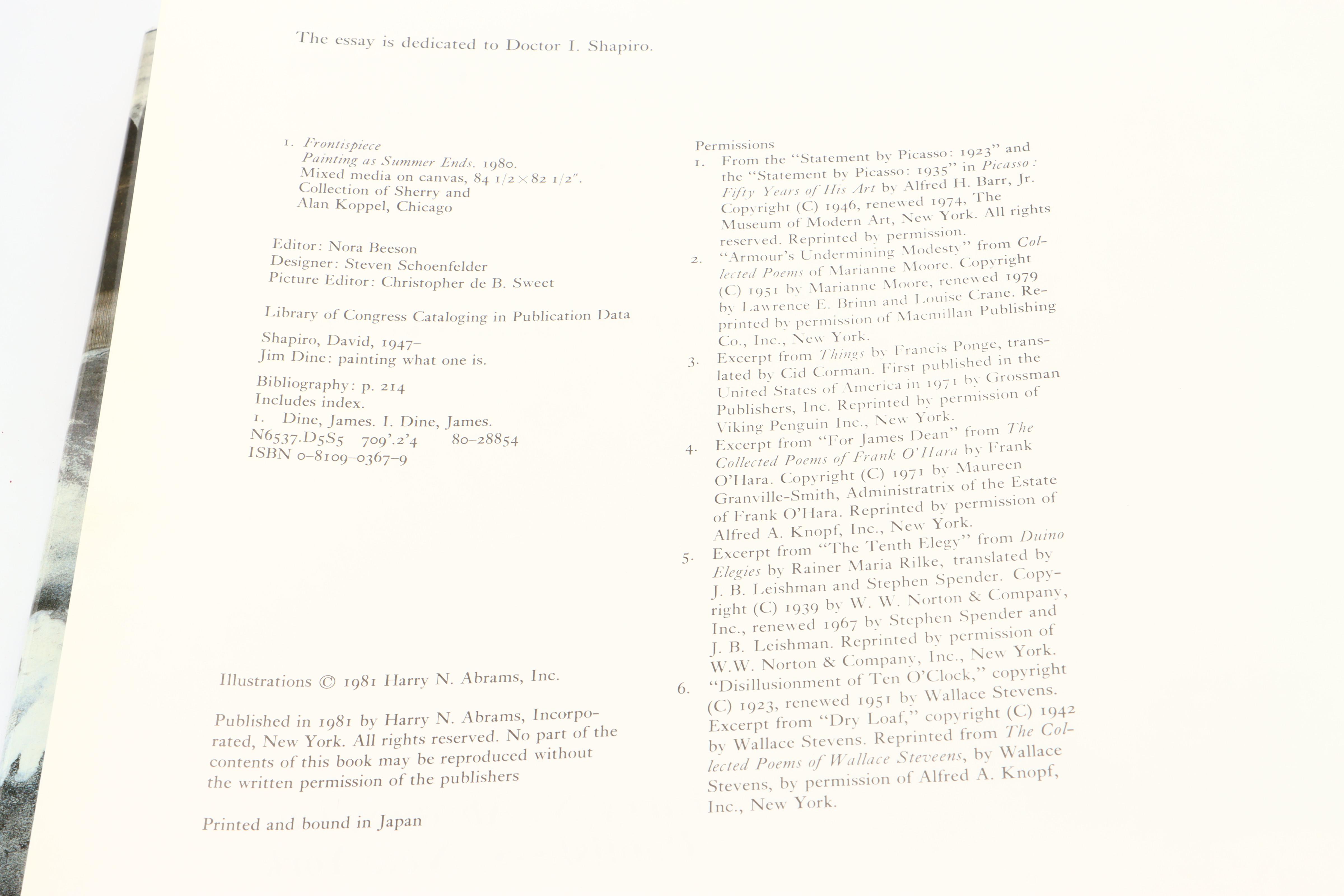 Artist Signed First Edition "Jim Dine: Five Themes" by Graham Beal and More