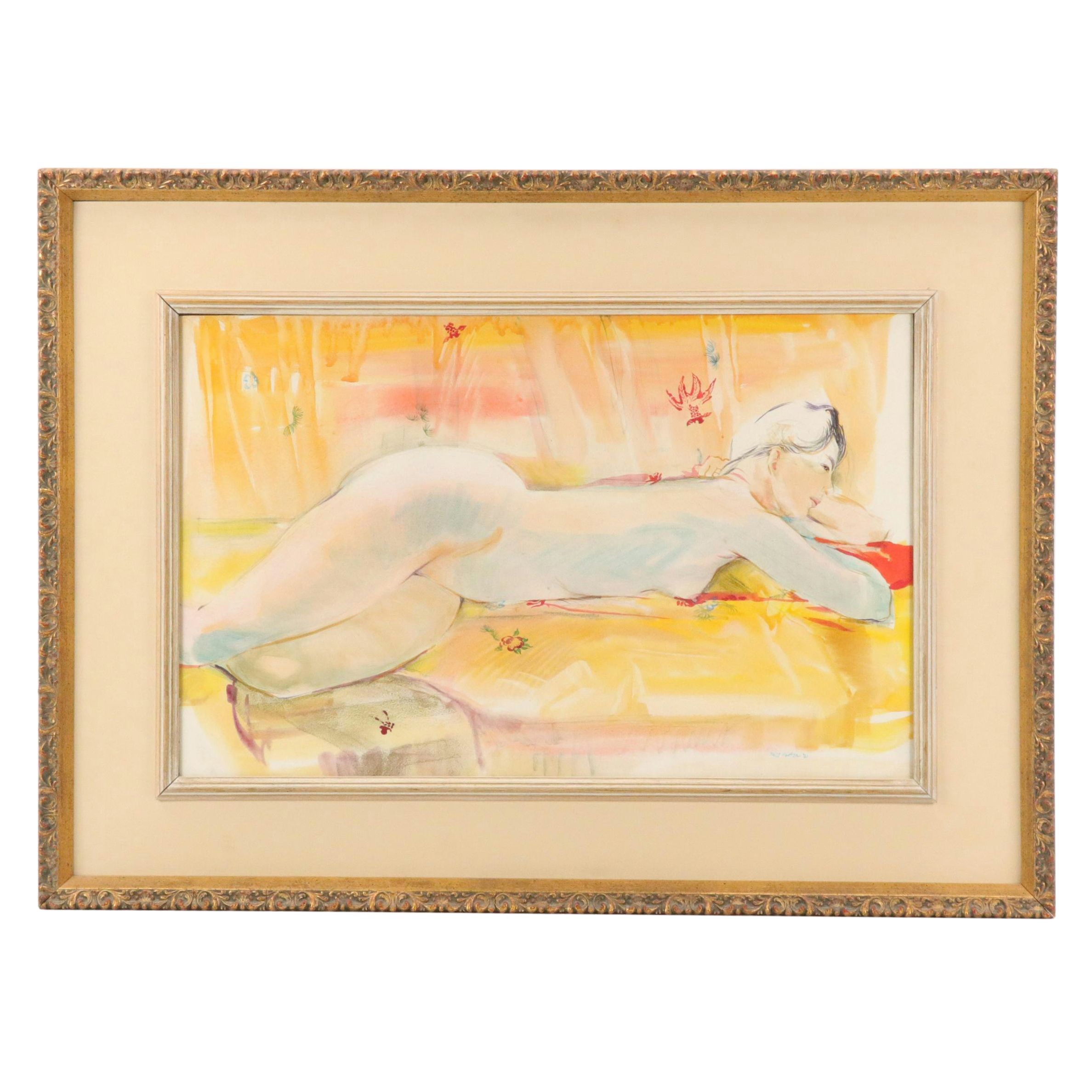 Phil Foster Watercolor Figure Painting of Reclining Female Nude, 1961