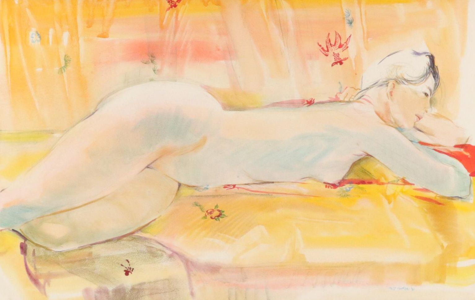 Phil Foster Watercolor Figure Painting of Reclining Female Nude, 1961