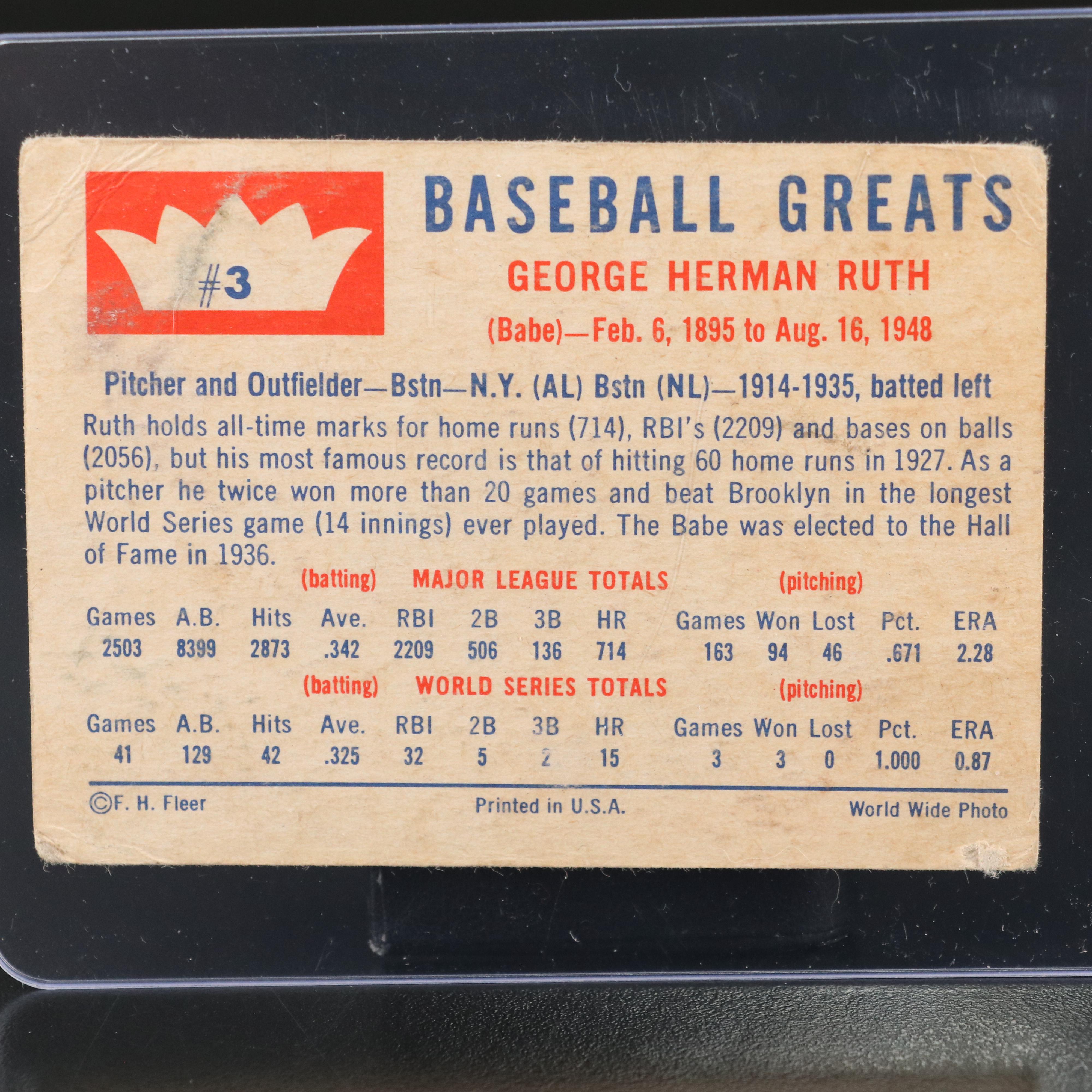 1960 Fleer Babe Ruth New York Yankees Baseball Card