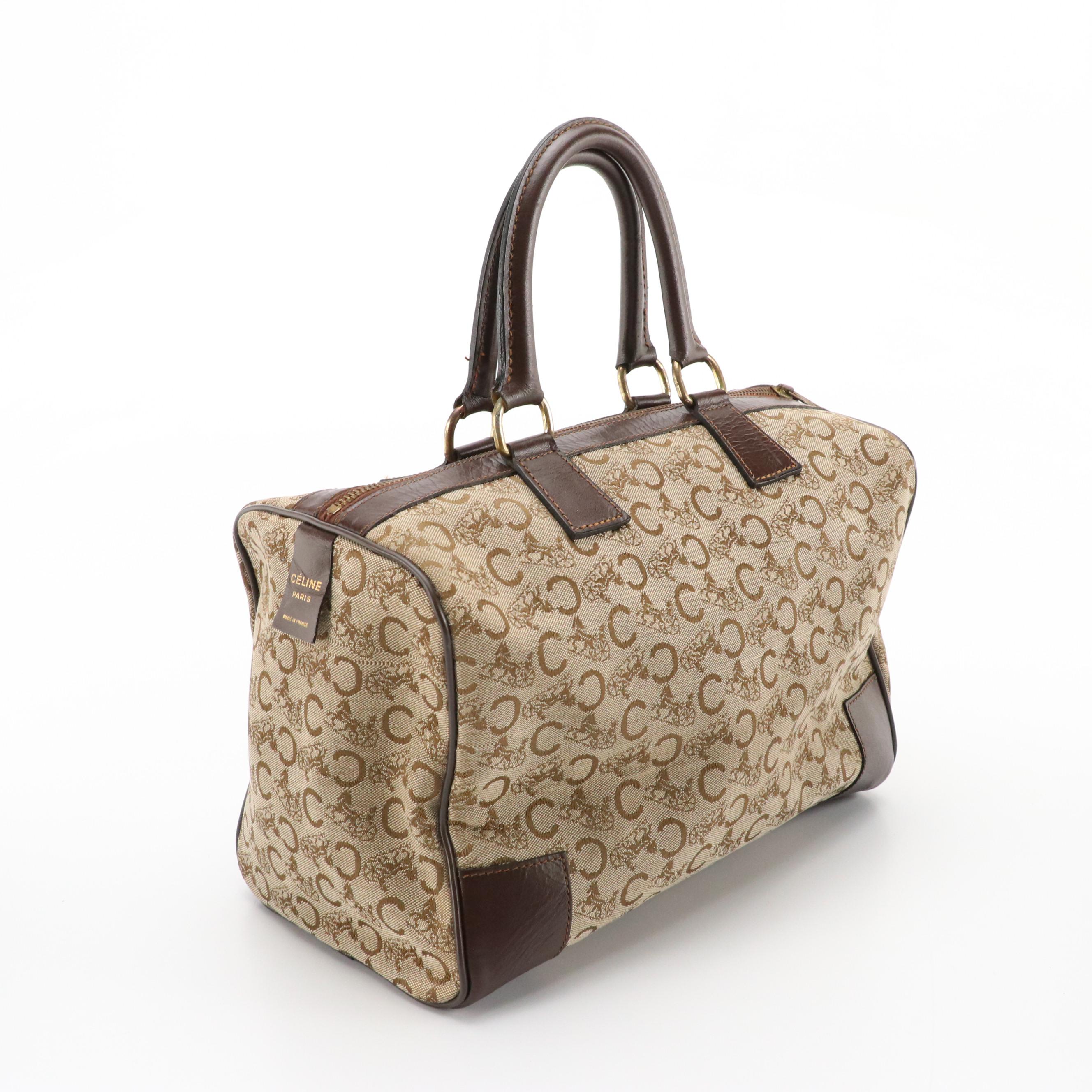 Celine Boston Bag in Beige C Carriage Canvas with Brown Leather Trim