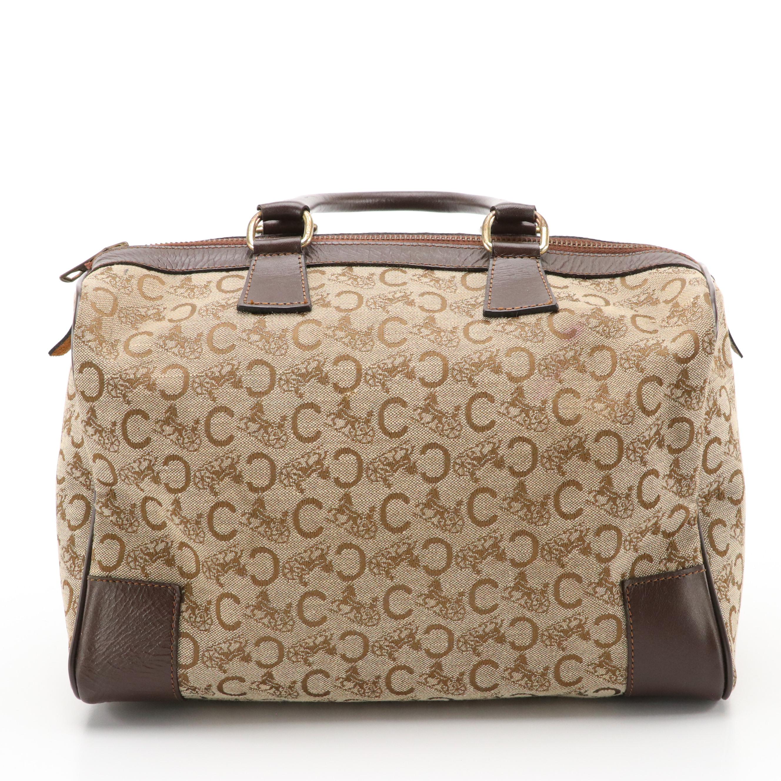 Celine Boston Bag in Beige C Carriage Canvas with Brown Leather Trim