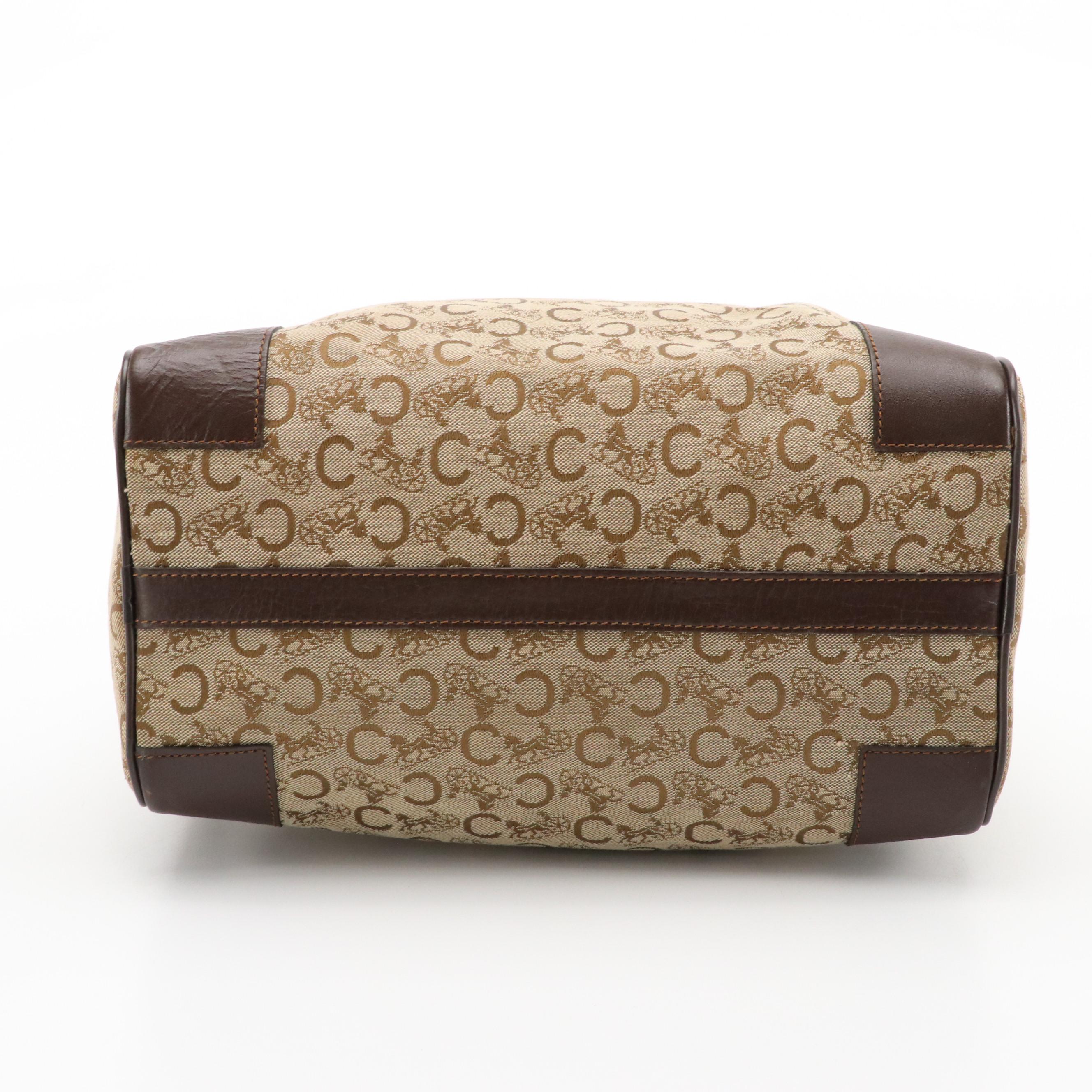 Celine Boston Bag in Beige C Carriage Canvas with Brown Leather Trim