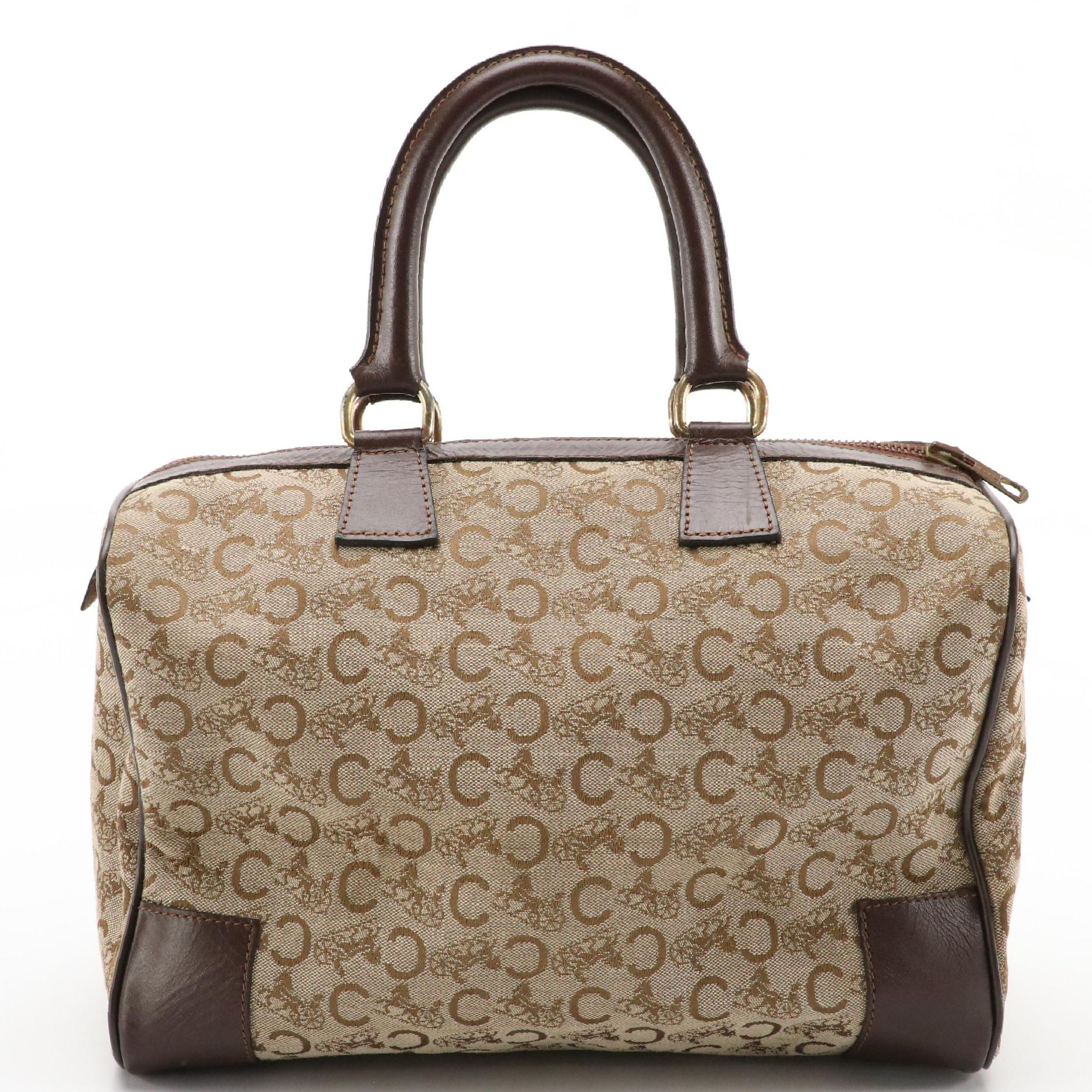 Celine Boston Bag in Beige C Carriage Canvas with Brown Leather Trim