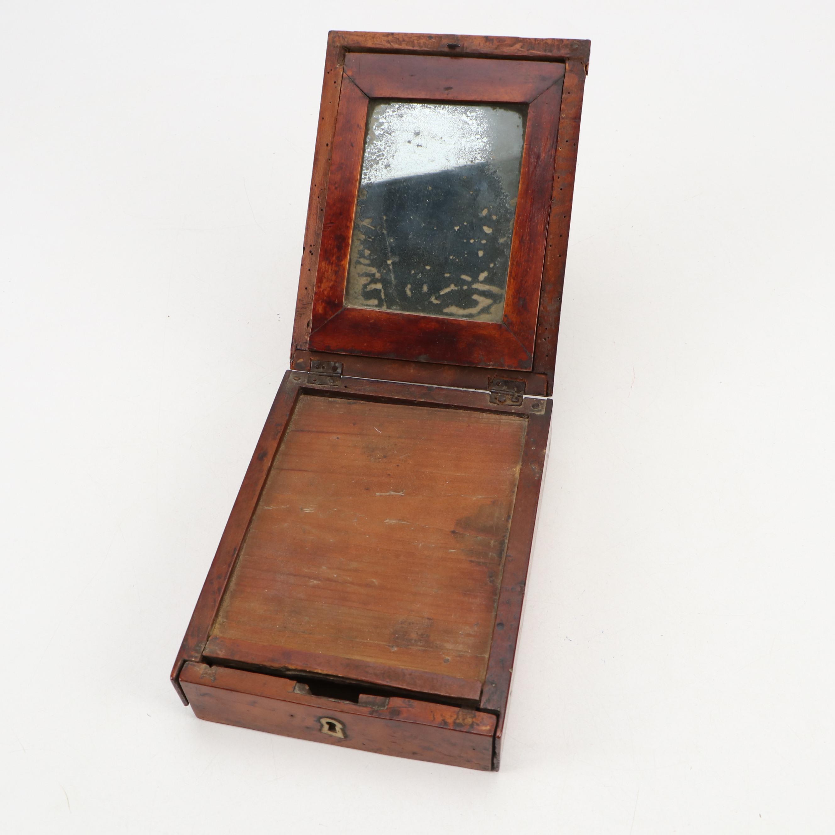 Antique Burlwood Laminate Travel Shaving Box, 19th Century
