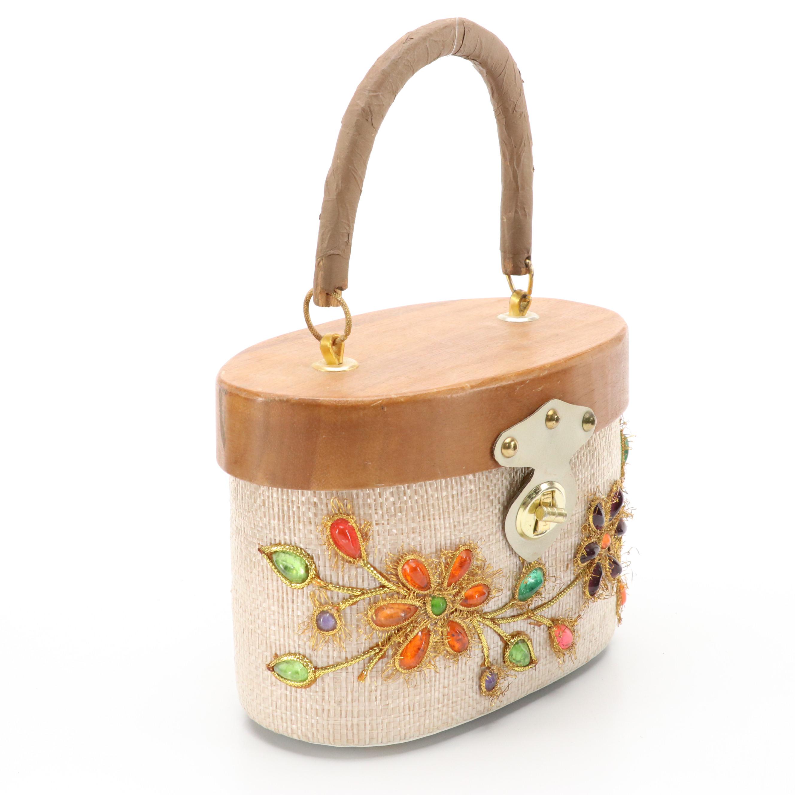 Vintage Wooden Box Style Handbag in Woven Straw with Embellishments
