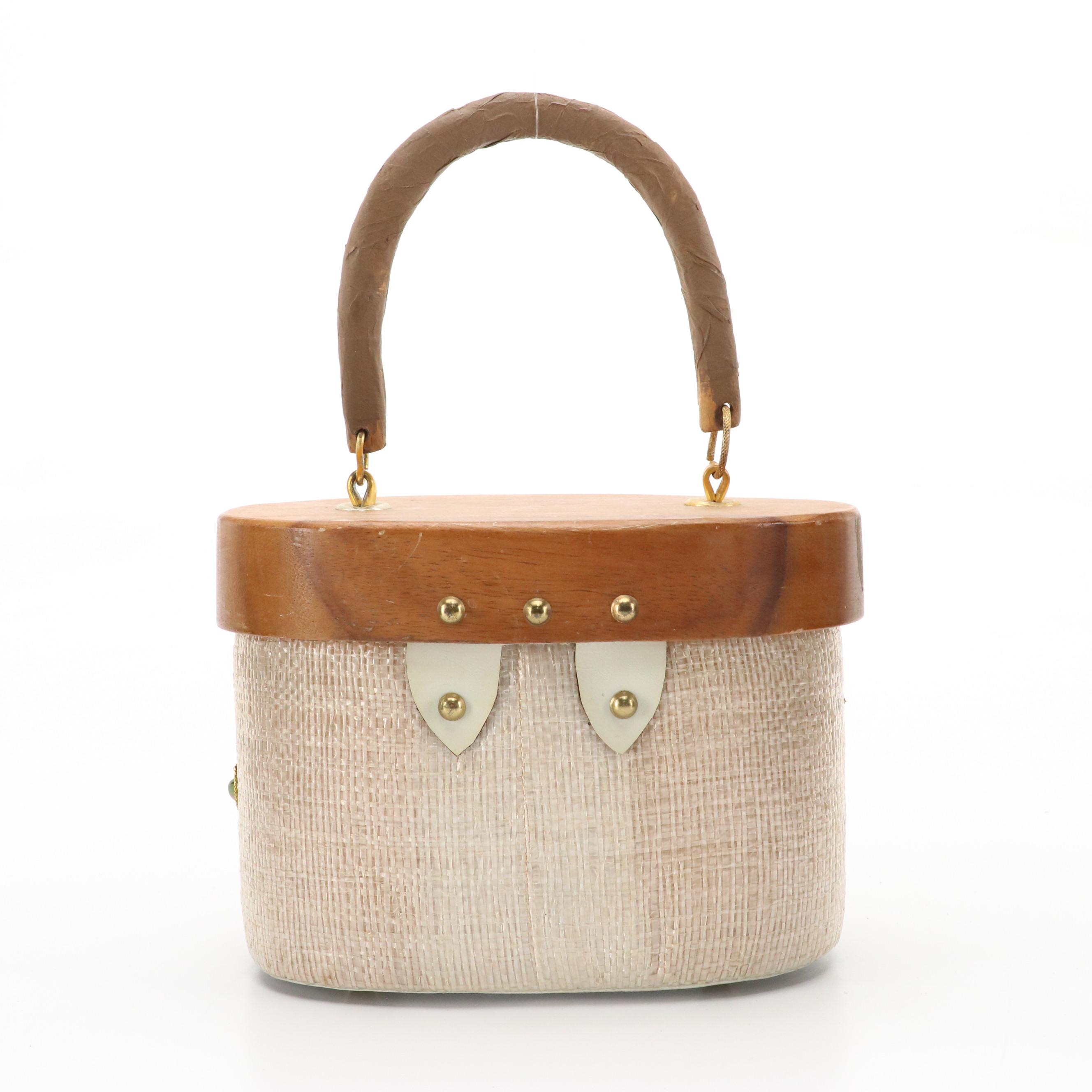 Vintage Wooden Box Style Handbag in Woven Straw with Embellishments