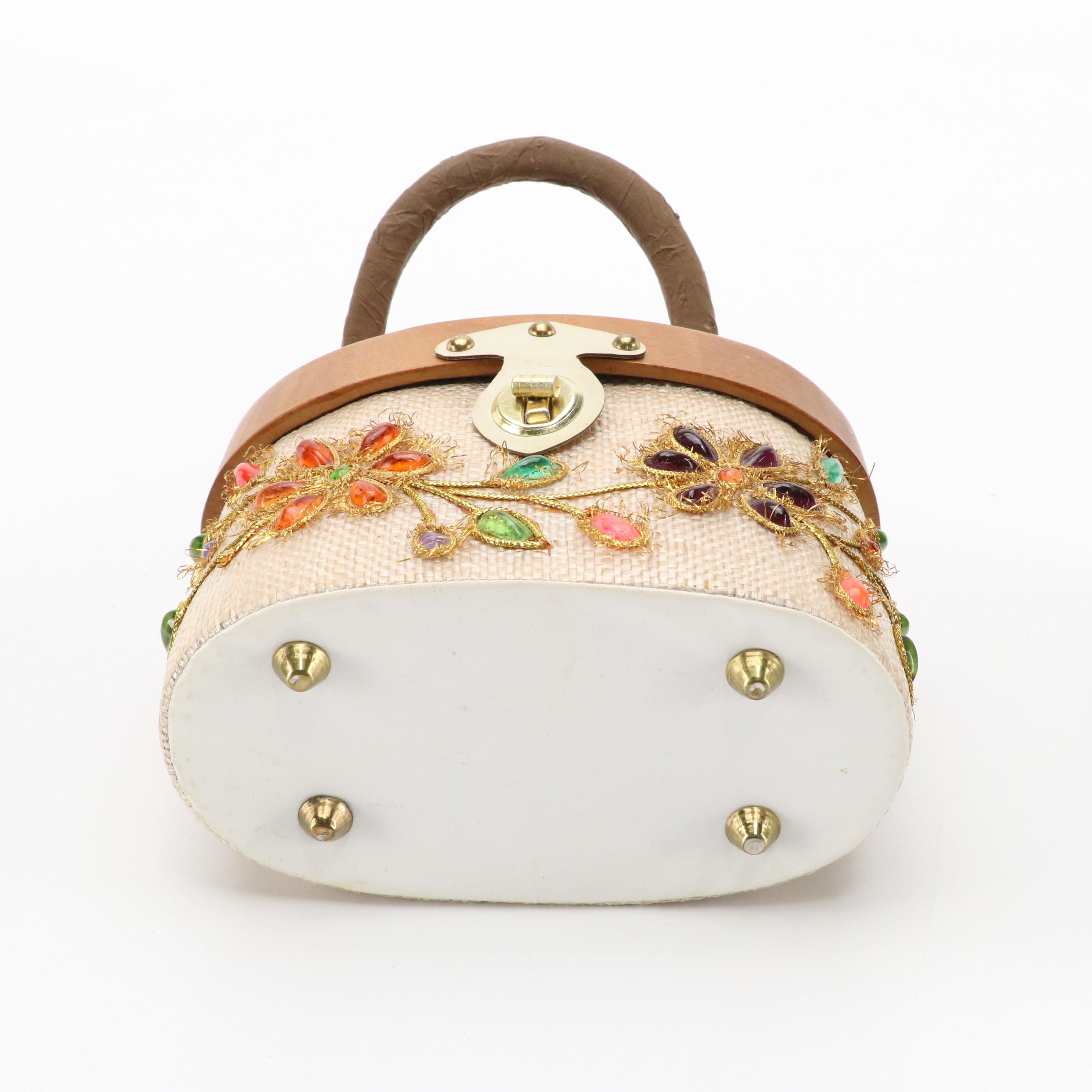 Vintage Wooden Box Style Handbag in Woven Straw with Embellishments