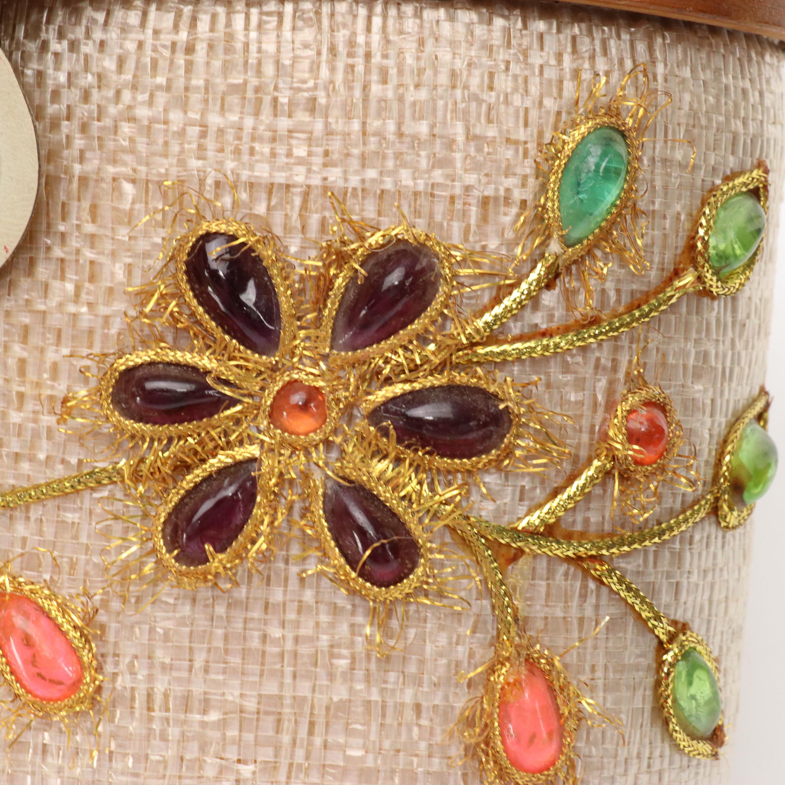 Vintage Wooden Box Style Handbag in Woven Straw with Embellishments