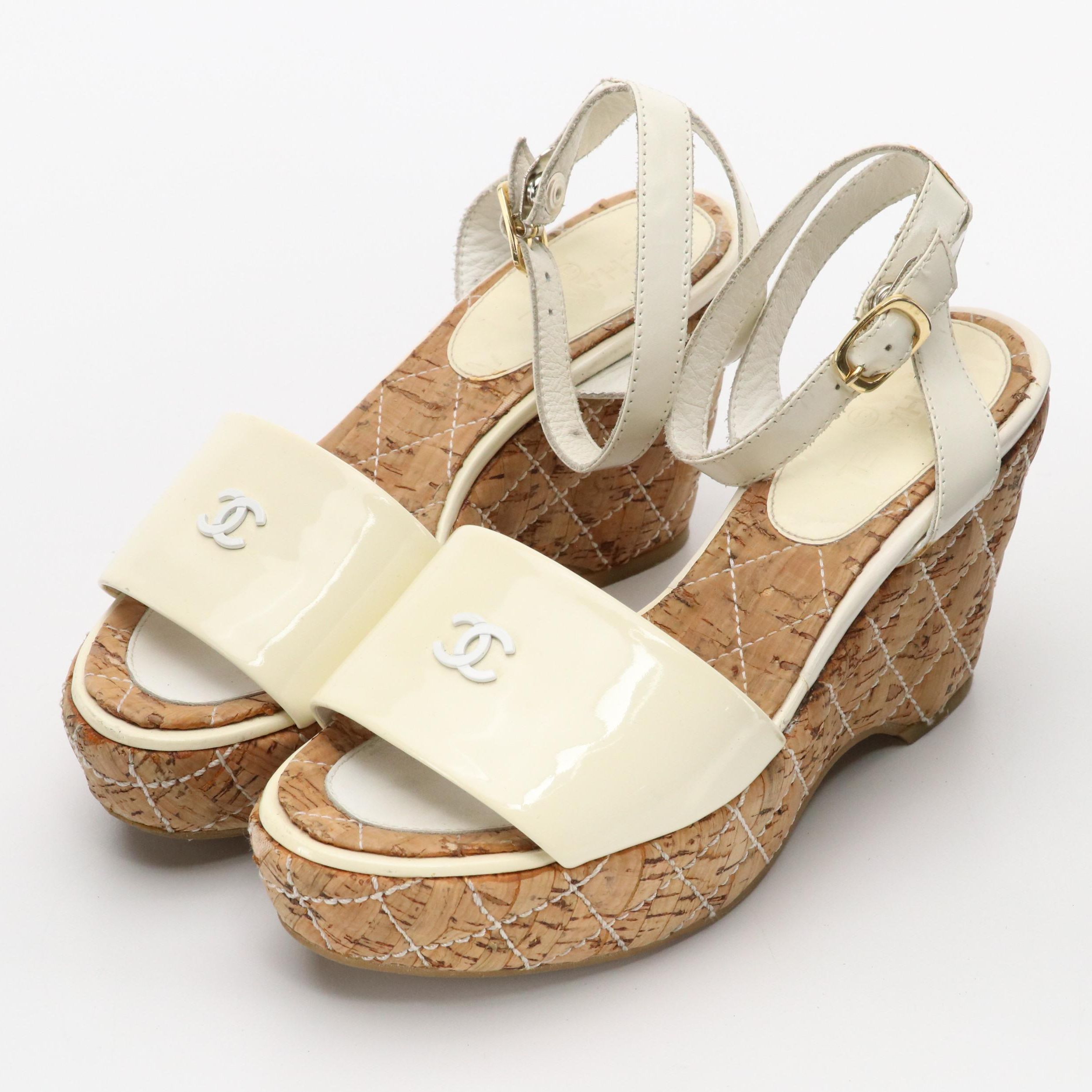 Chanel CC Patent Leather/Quilted Cork Platform Wedge Ankle-Strap Sandals & Box