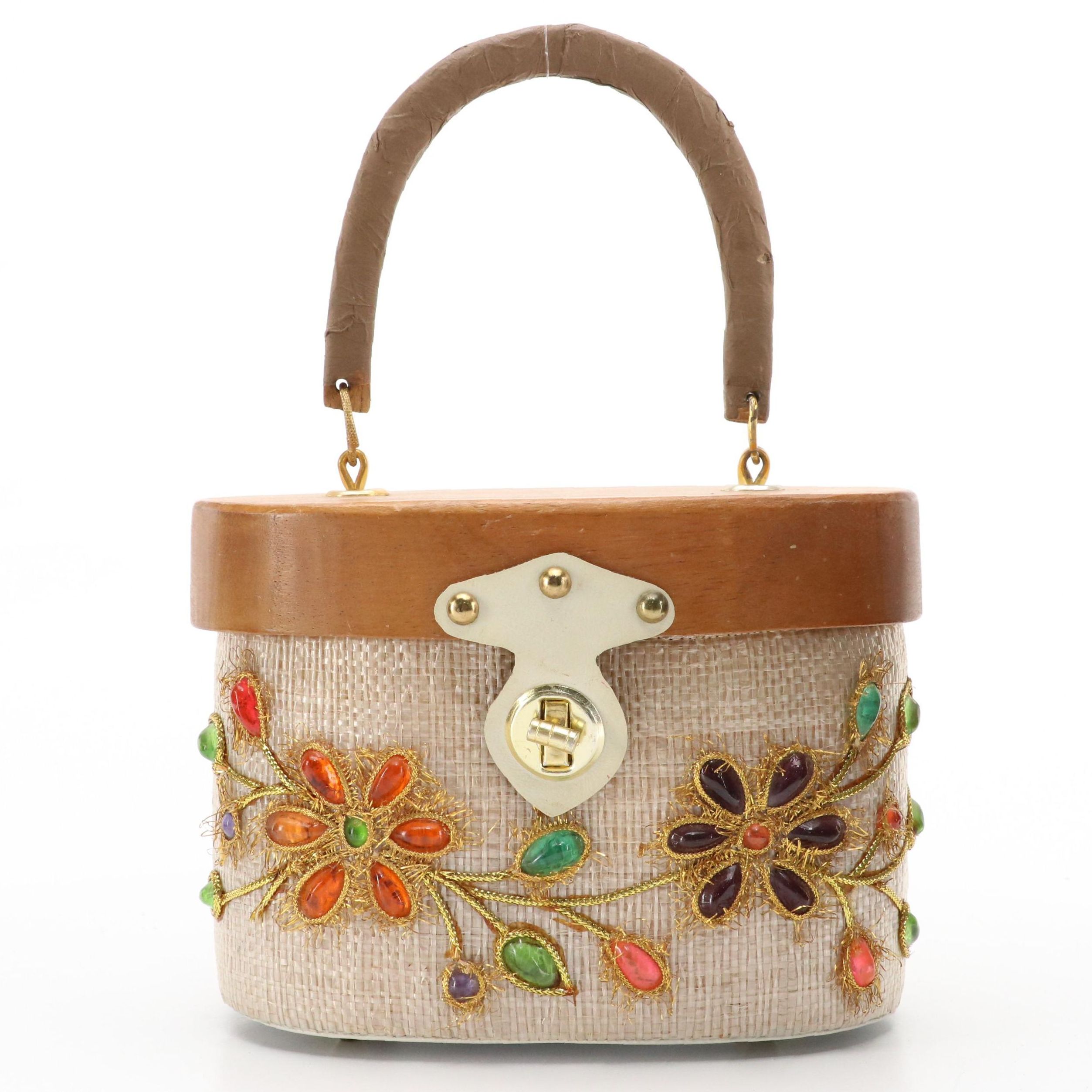 Vintage Wooden Box Style Handbag in Woven Straw with Embellishments