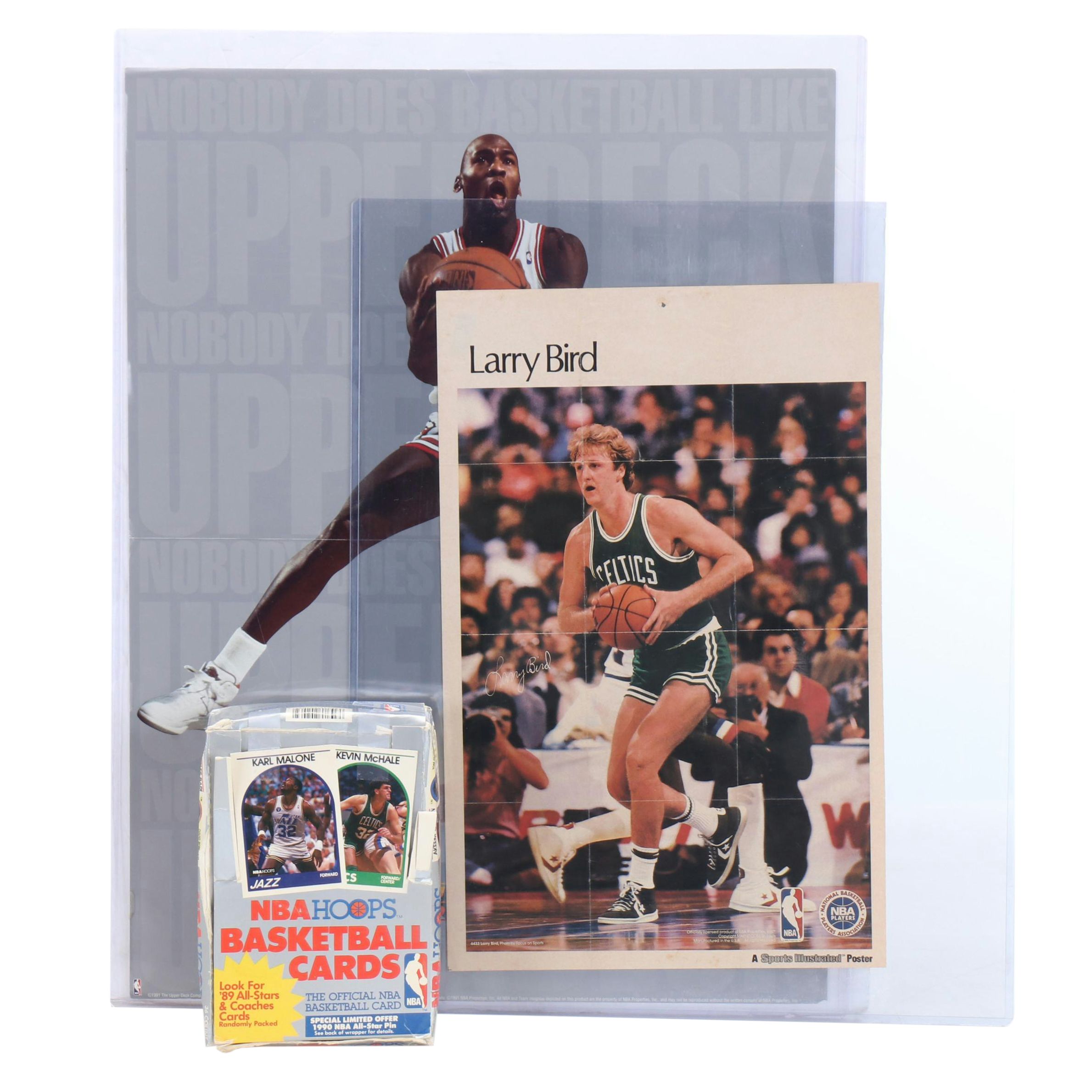 Michael Jordan and Larry Bird Posters with Sealed 1990 NBA Hoops Wax Packs