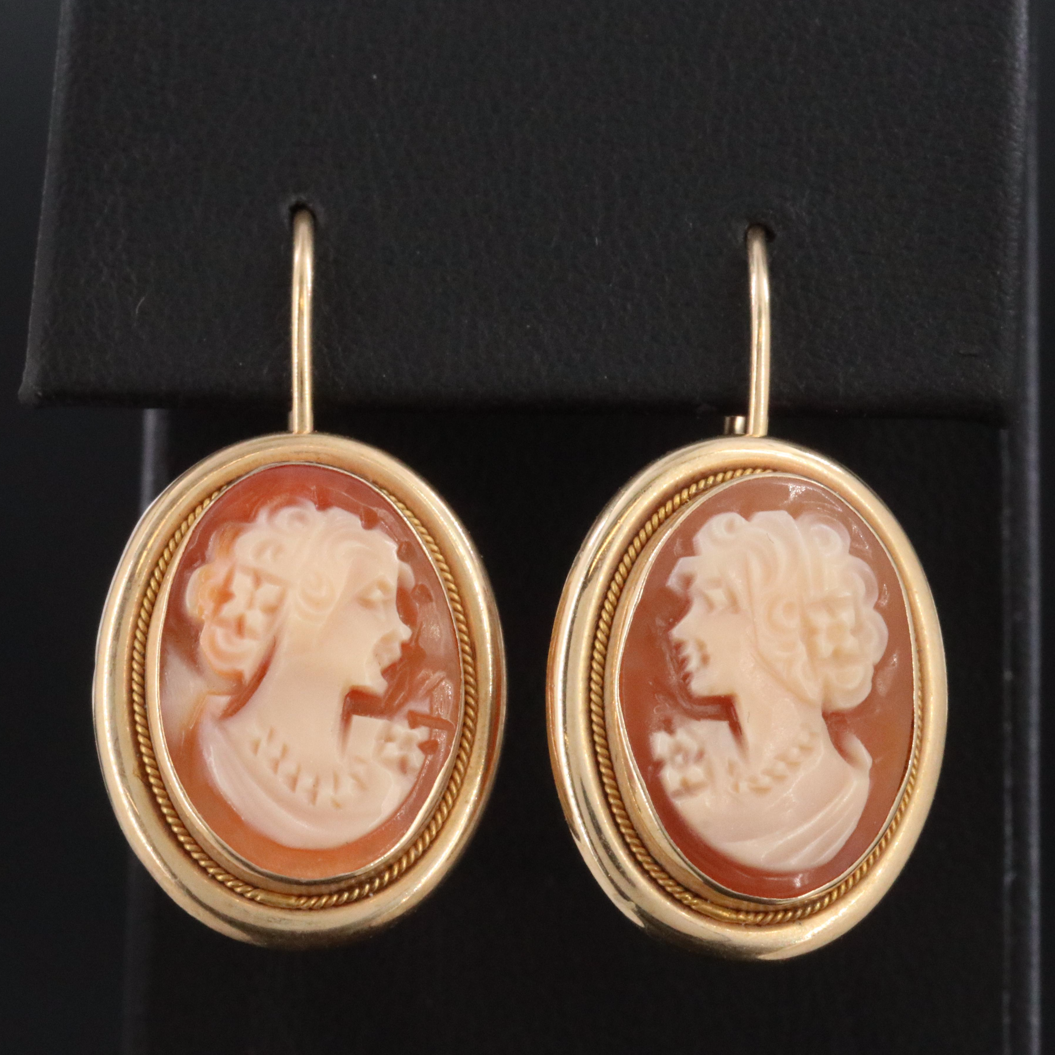 14K Shell Cameo Drop Earrings