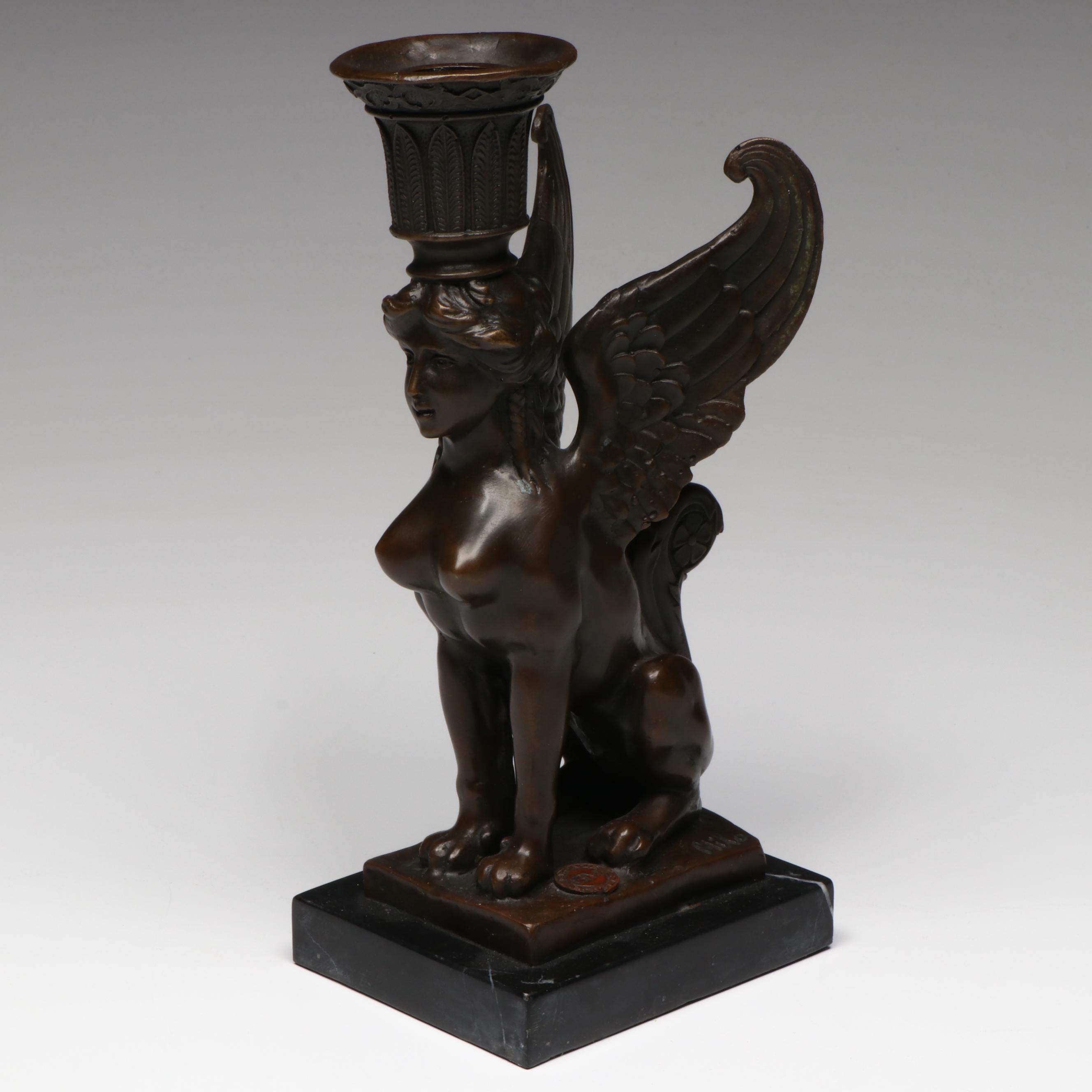 Milo for Bronze Masters Bronze Sphinx on Marble Figural Candlestick
