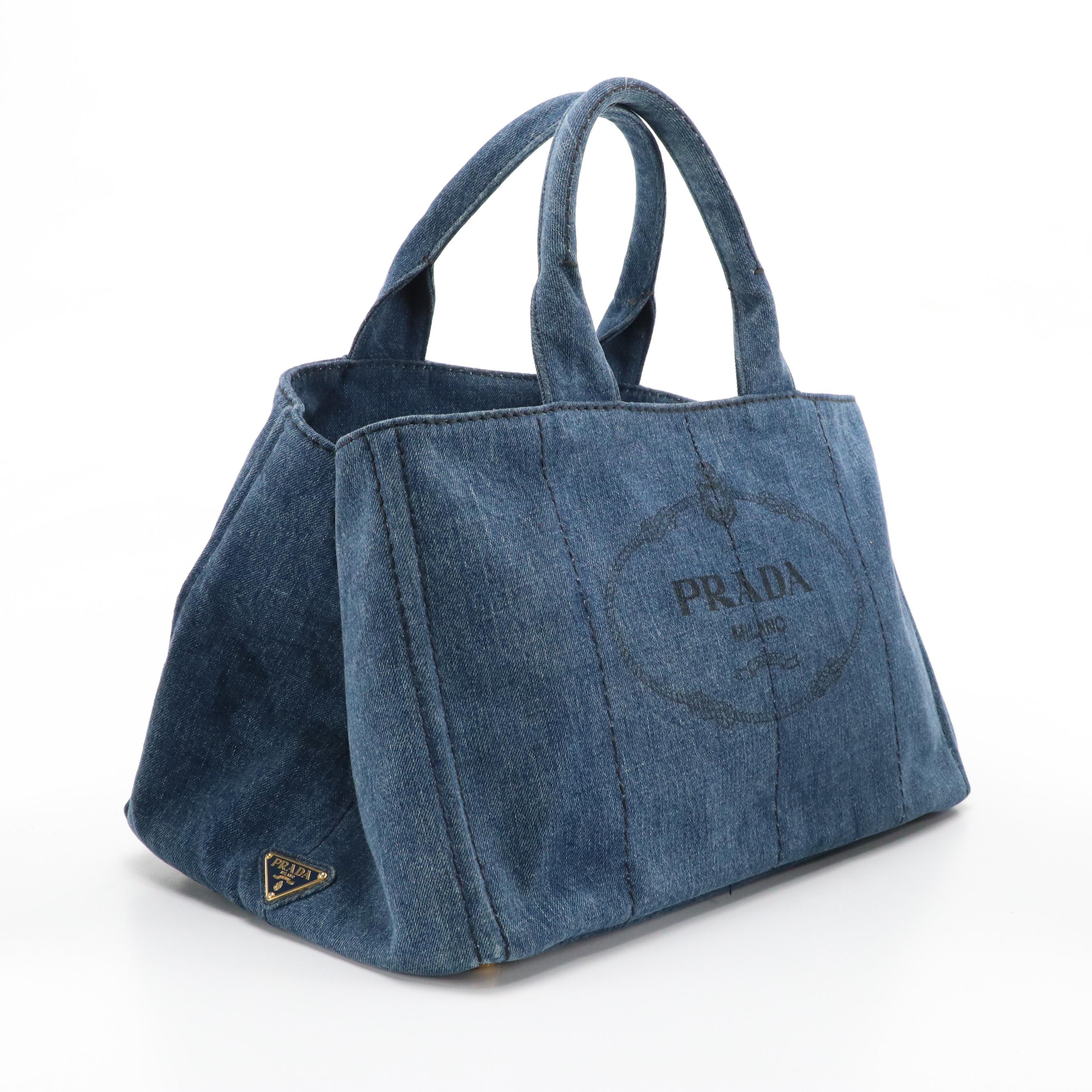 Prada Large Canapa Logo Tote in Blue Denim