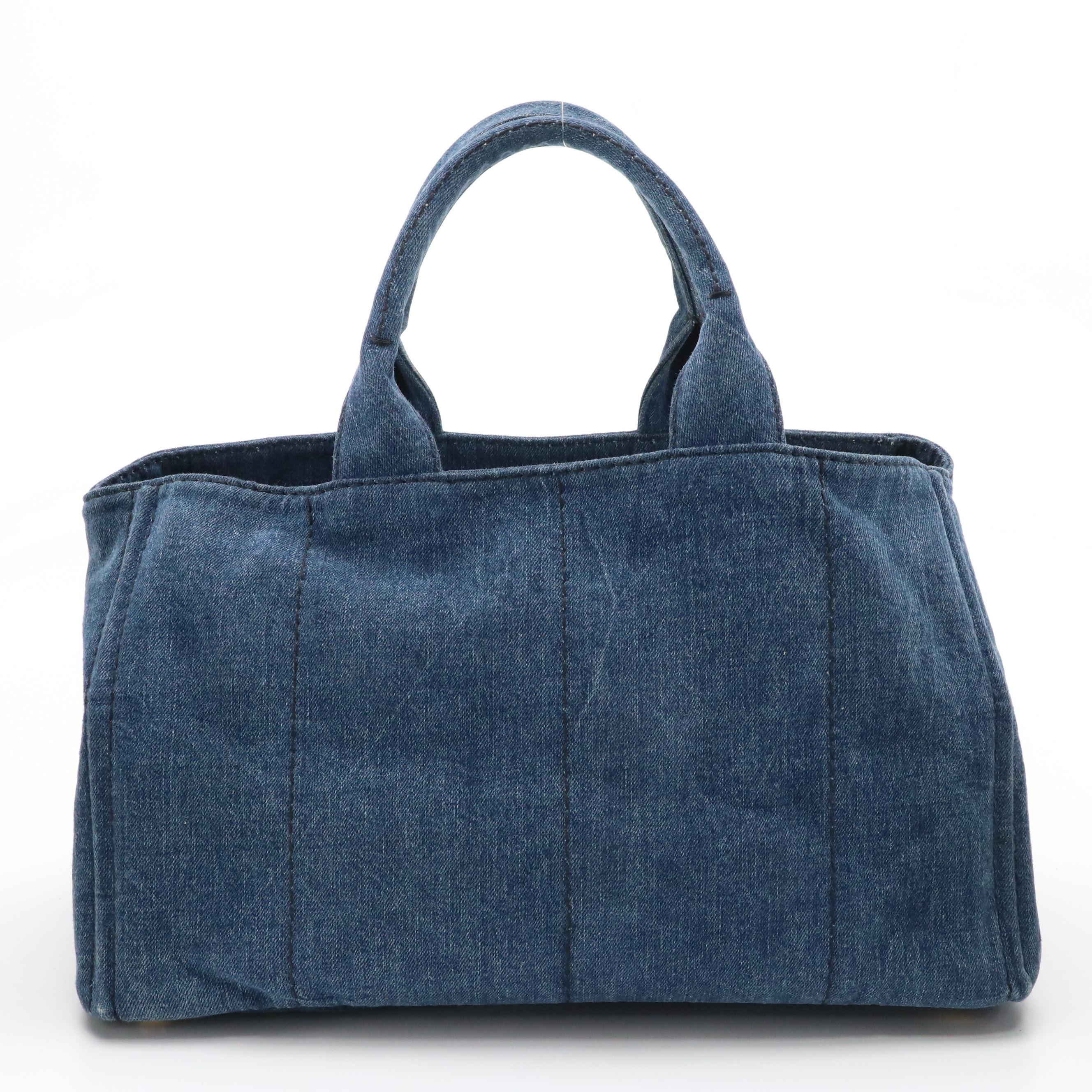 Prada Large Canapa Logo Tote in Blue Denim