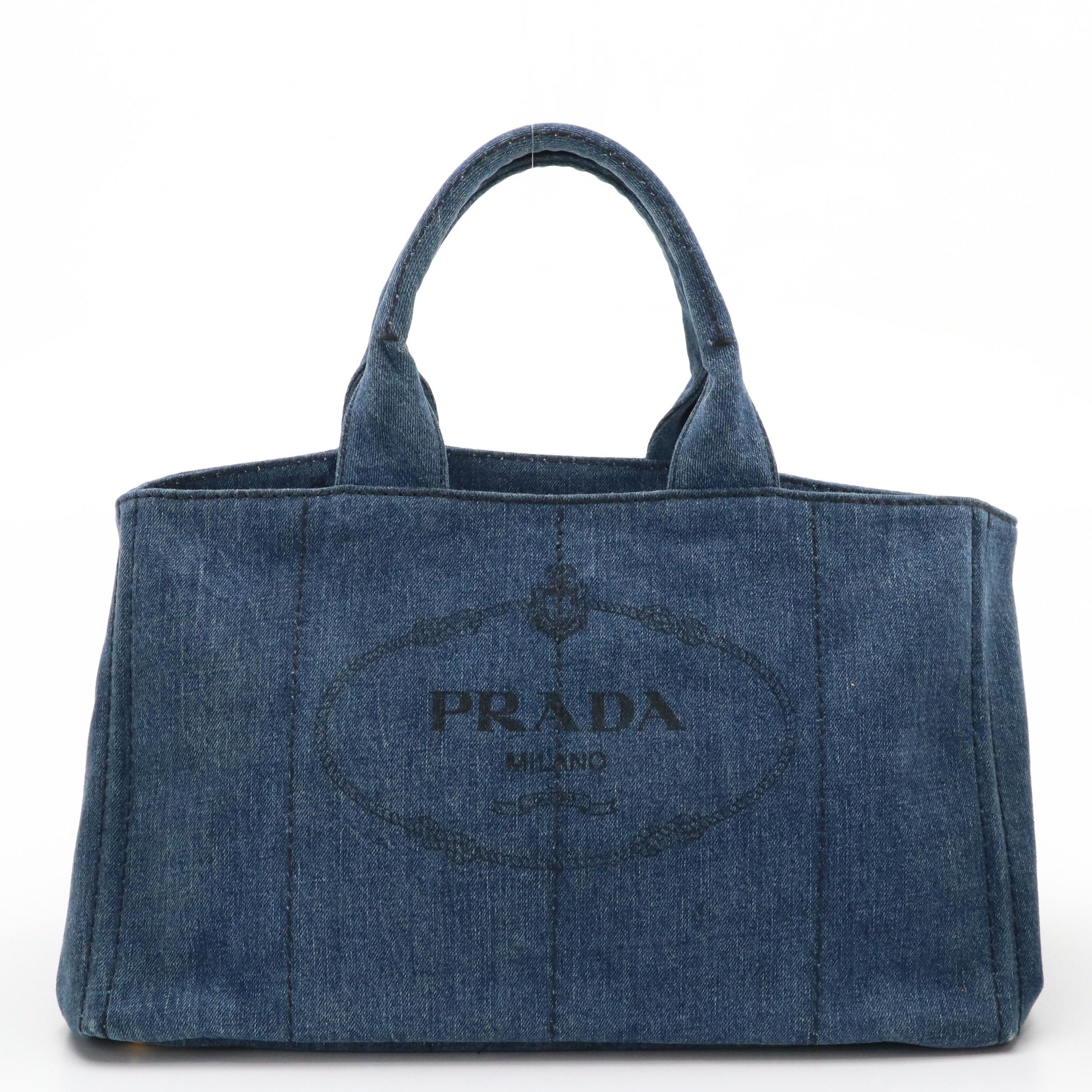 Prada Large Canapa Logo Tote in Blue Denim