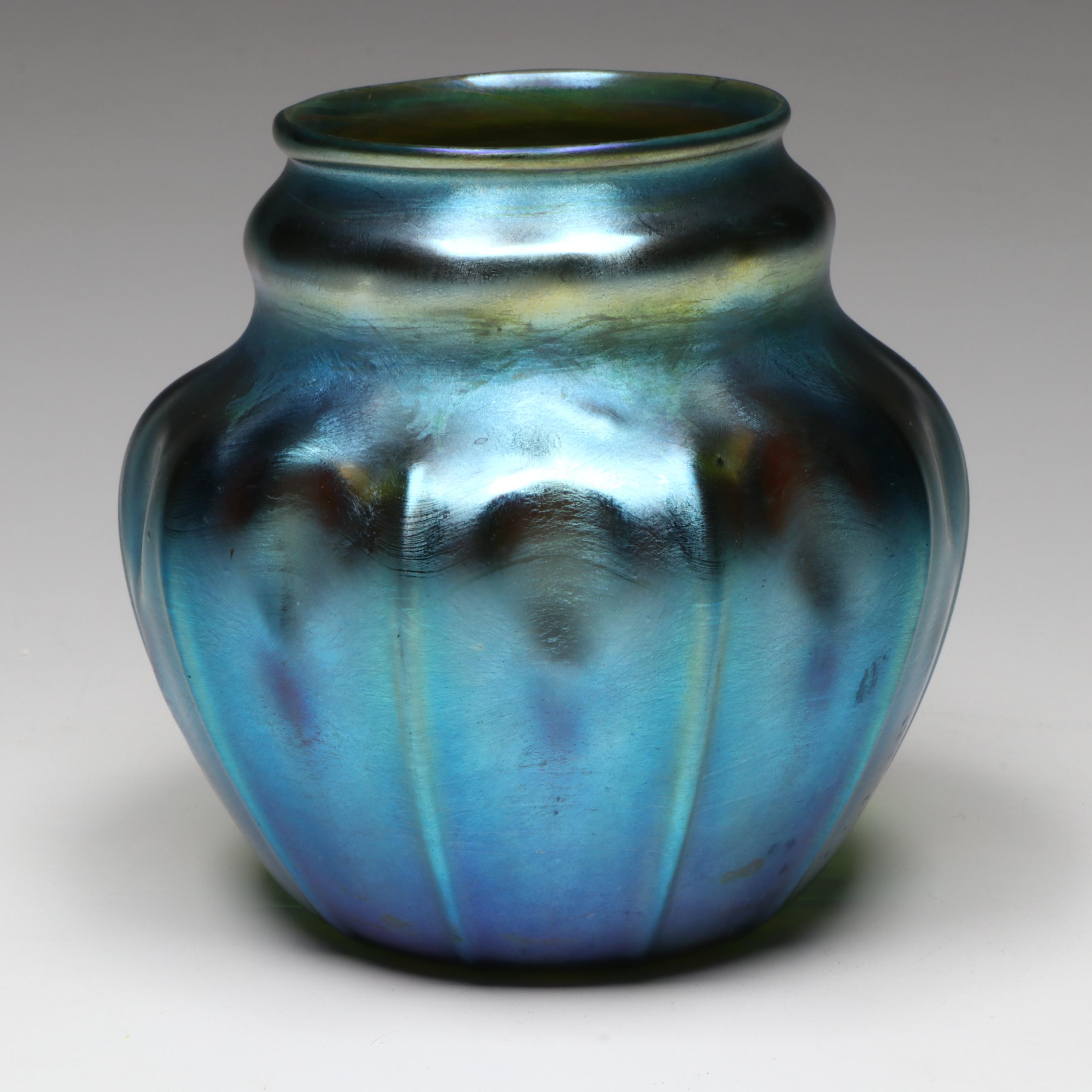 Louis Comfort Tiffany Iridescent Blue Favrile Art Glass Vase, Early 20th Century