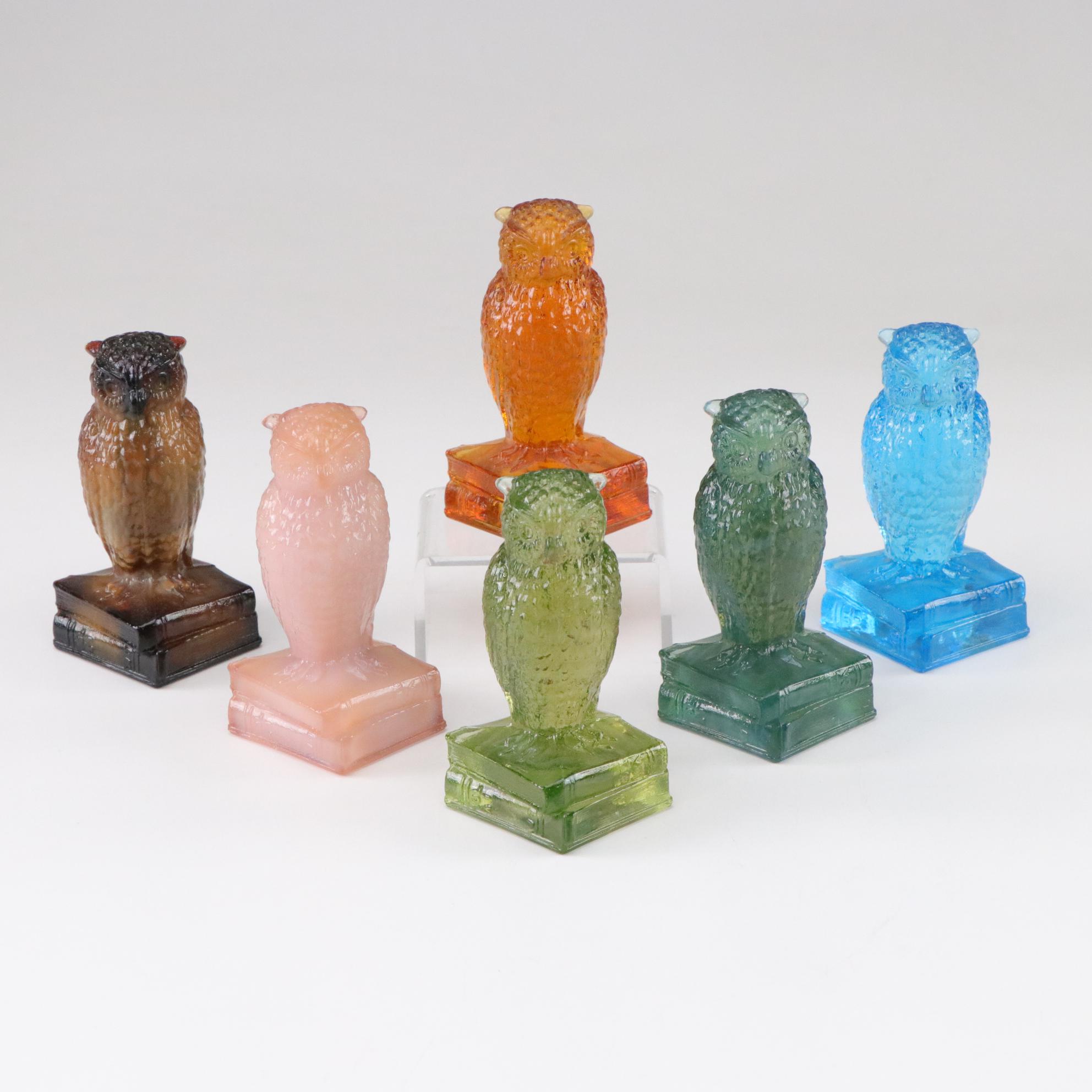 Six Degenhart Glass Owls Feature Uranium Glass and a Variety of Colors