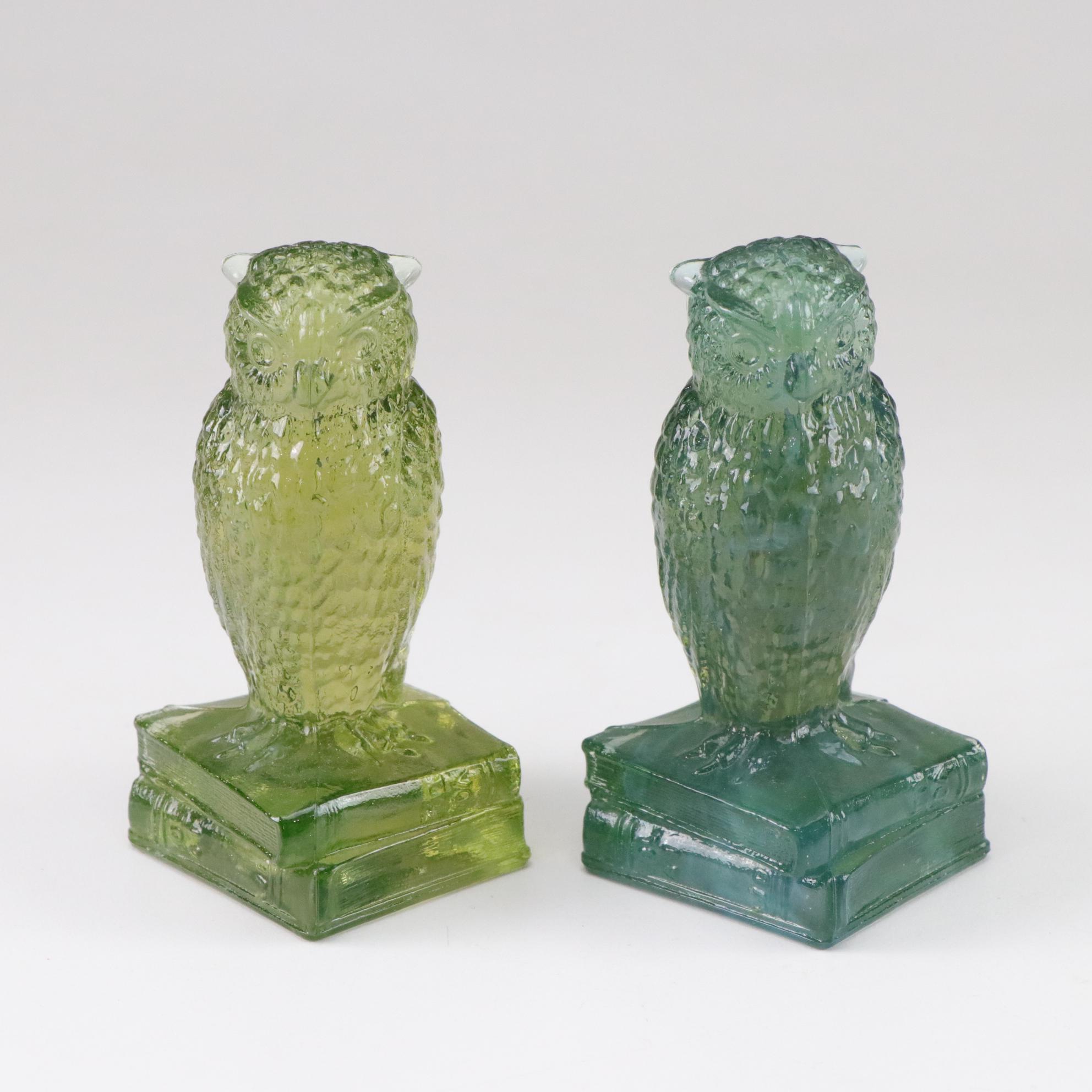 Six Degenhart Glass Owls Feature Uranium Glass and a Variety of Colors
