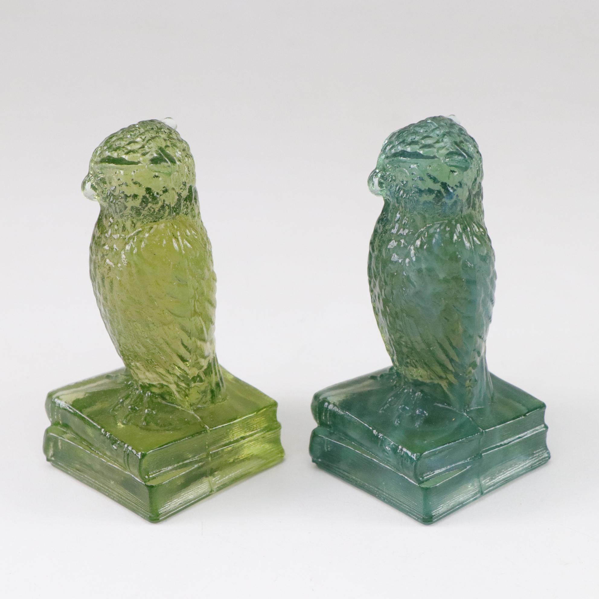 Six Degenhart Glass Owls Feature Uranium Glass and a Variety of Colors