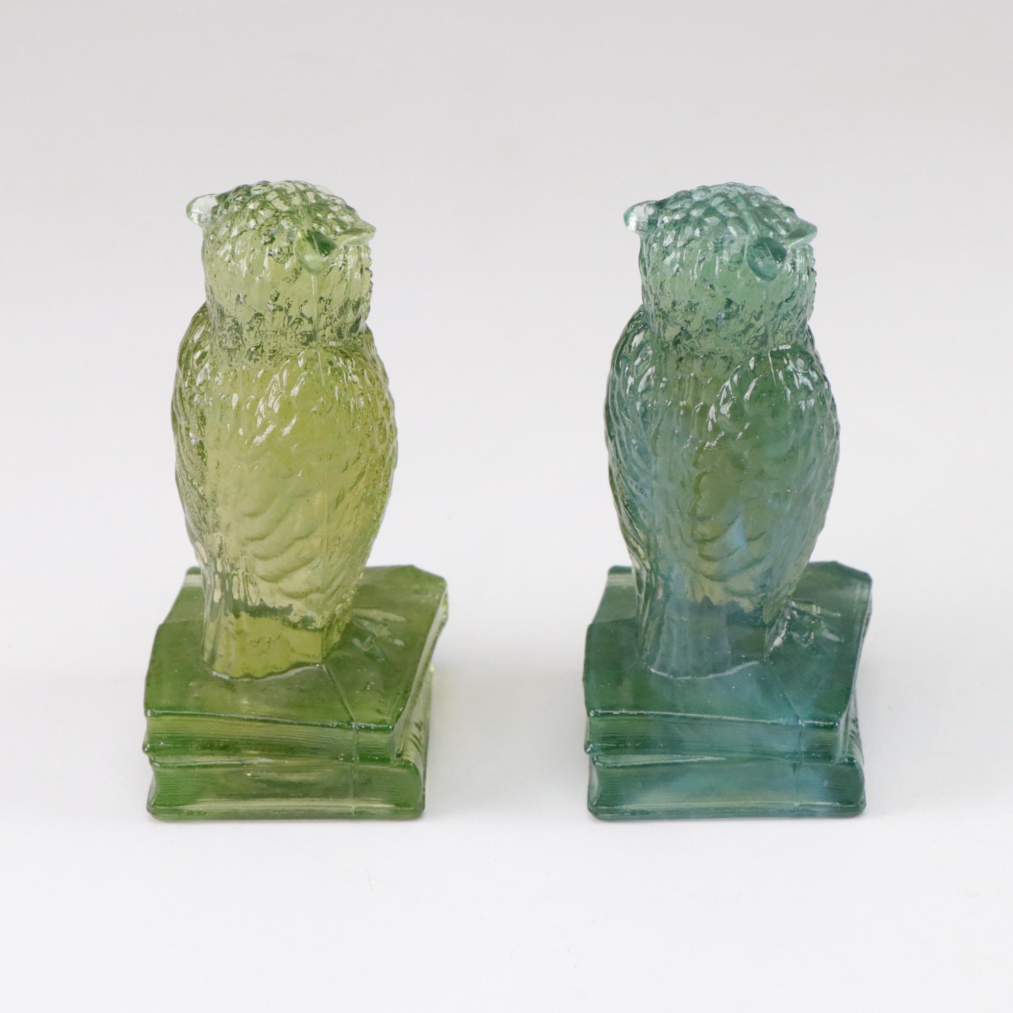 Six Degenhart Glass Owls Feature Uranium Glass and a Variety of Colors