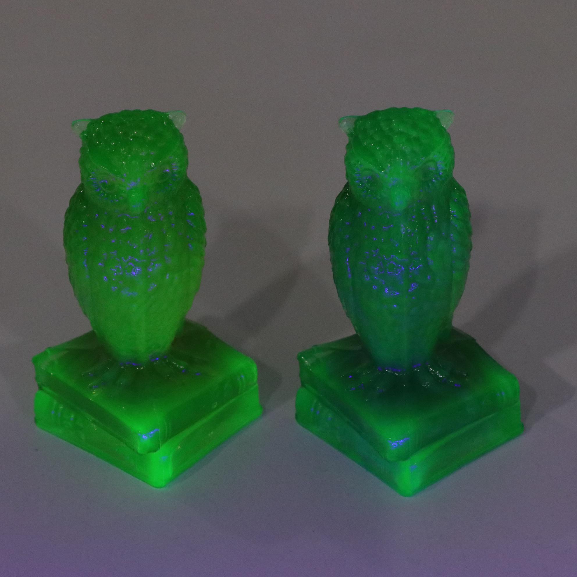 Six Degenhart Glass Owls Feature Uranium Glass and a Variety of Colors