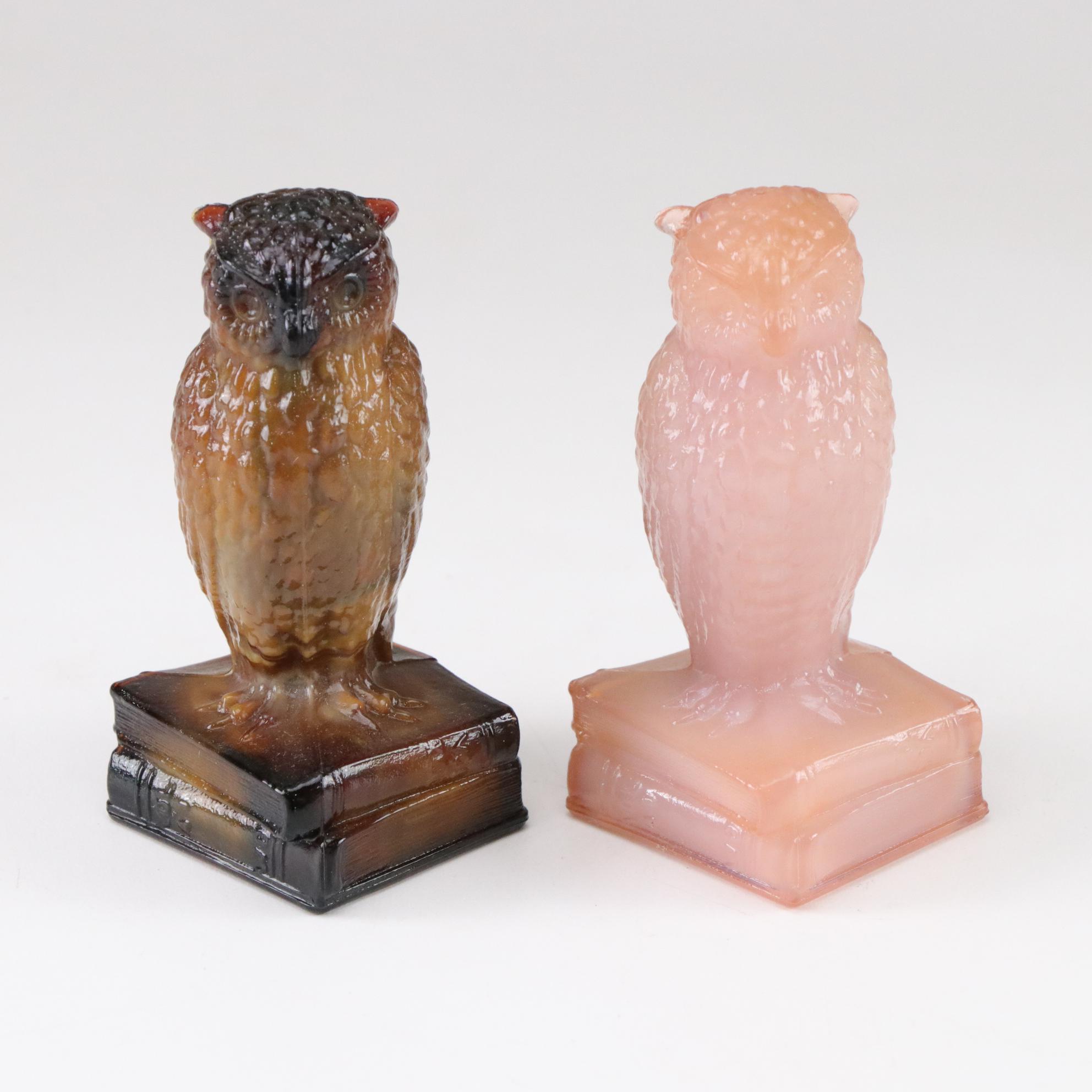 Six Degenhart Glass Owls Feature Uranium Glass and a Variety of Colors