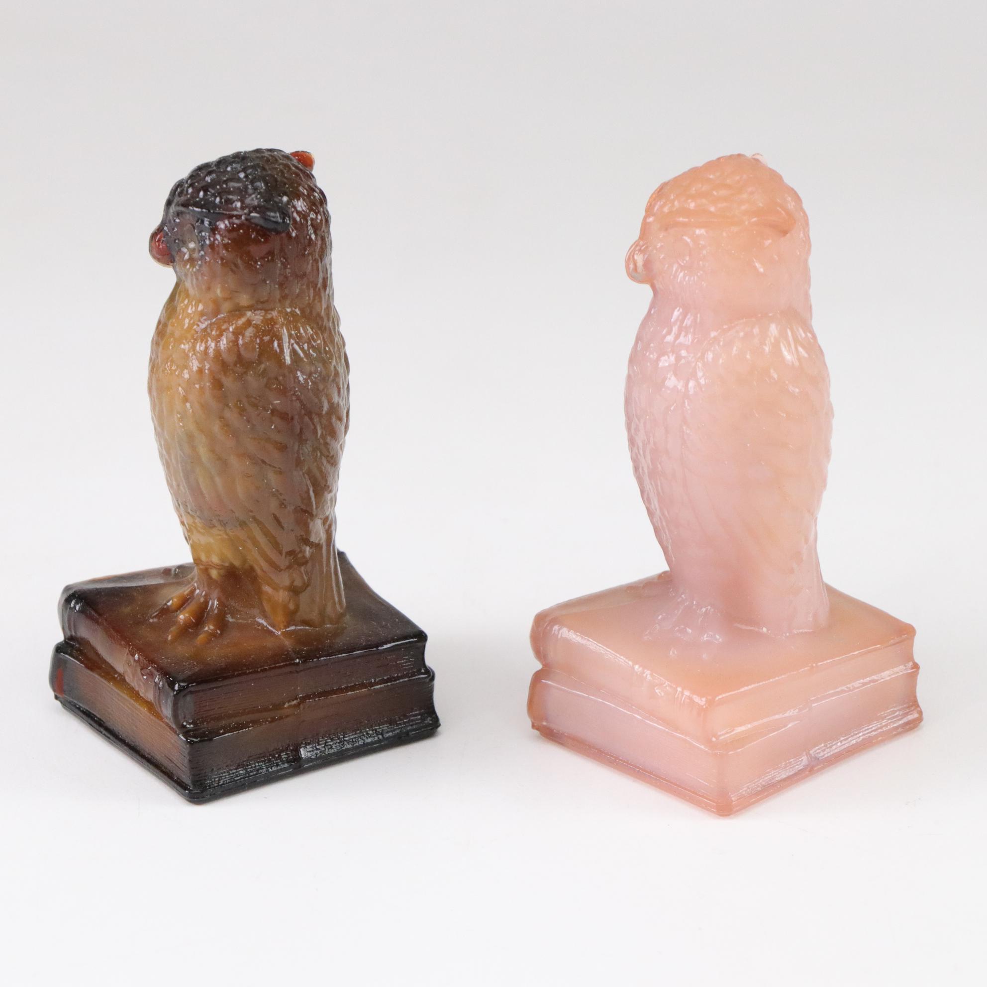 Six Degenhart Glass Owls Feature Uranium Glass and a Variety of Colors