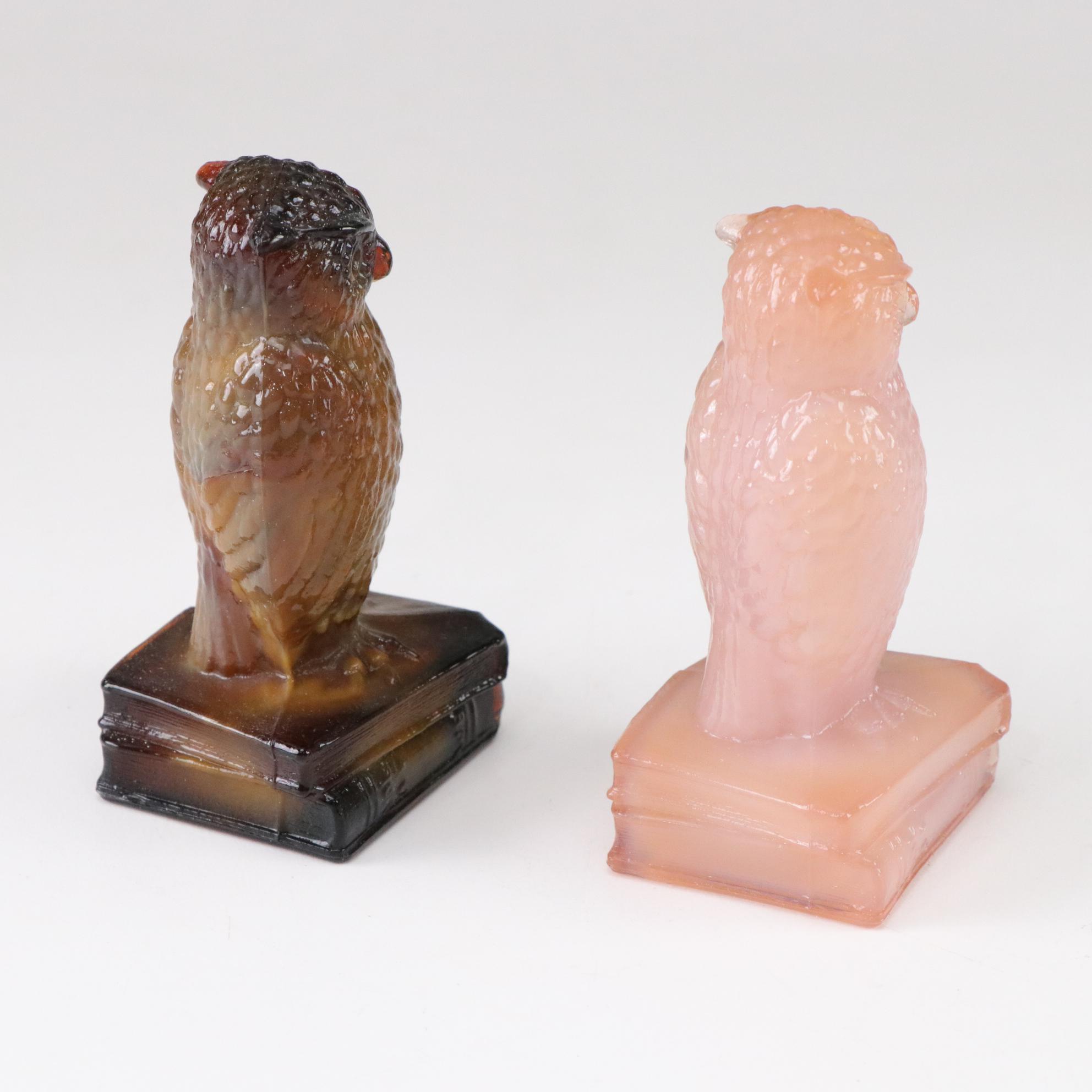 Six Degenhart Glass Owls Feature Uranium Glass and a Variety of Colors