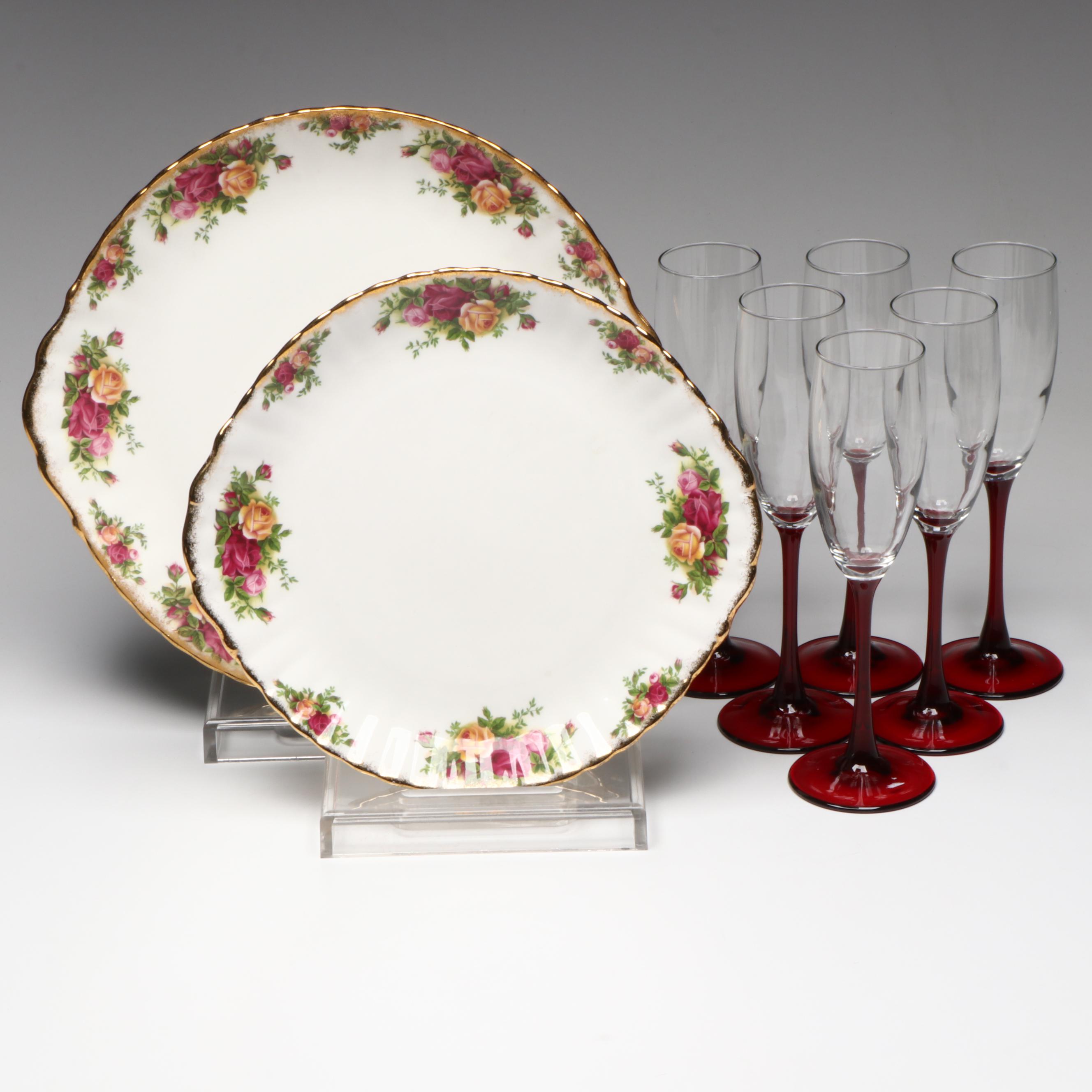 Royal Albert "Old Country Roses" Bone China Plates with Champagne Flutes