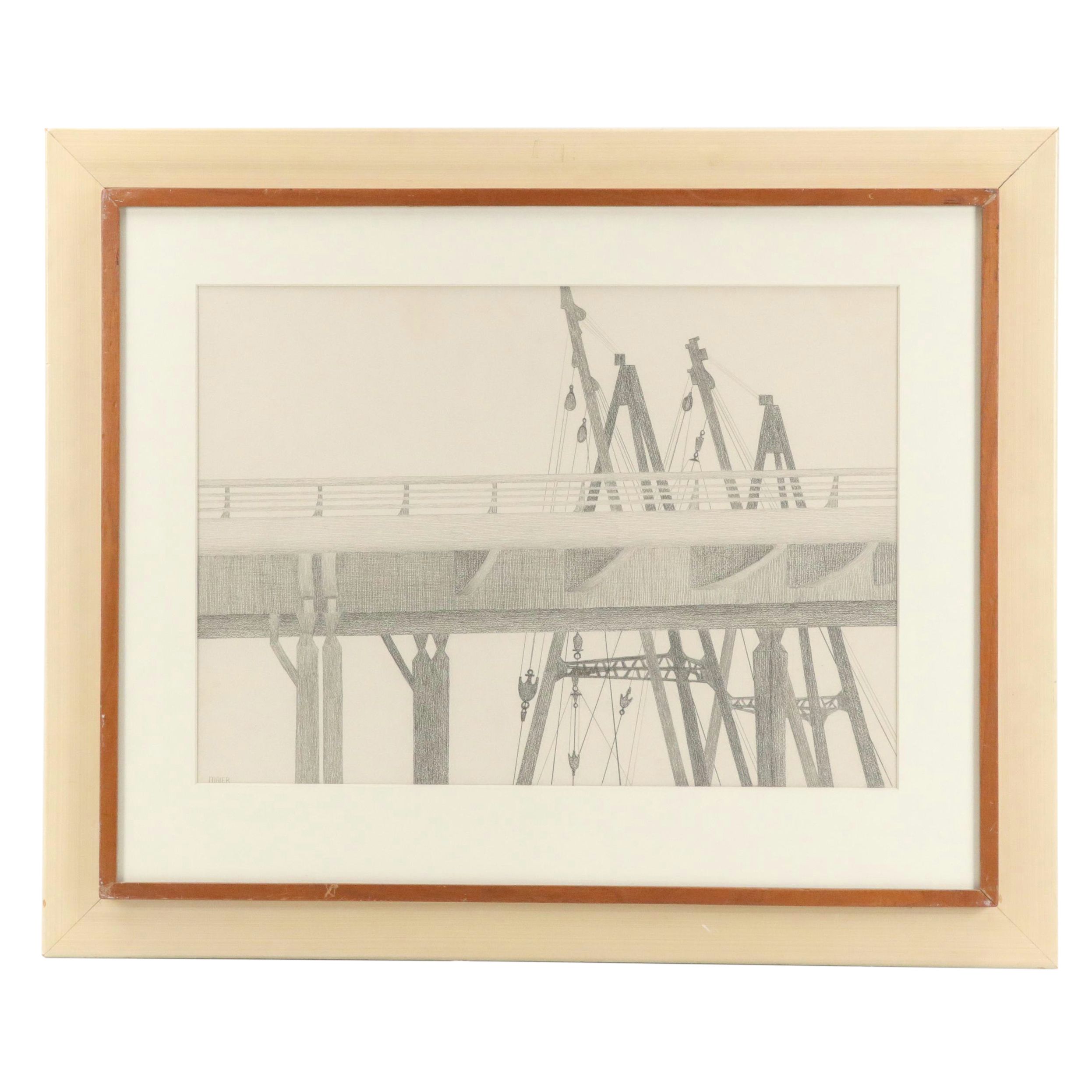 Architectural Graphite Drawing, Late 20th Century