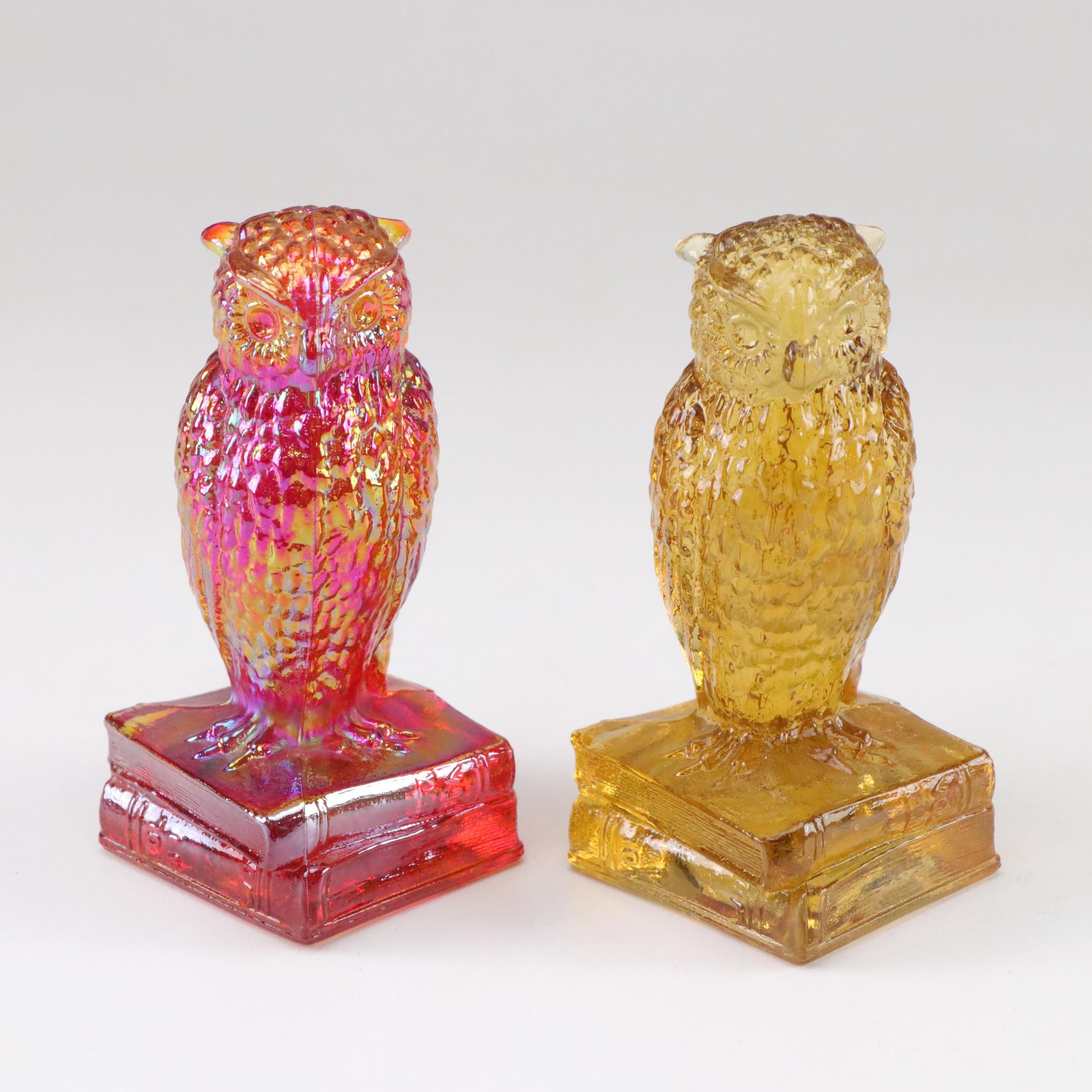 Five Degenhart Glass Owls Feature Uranium and Carnival Glass with Other Colors